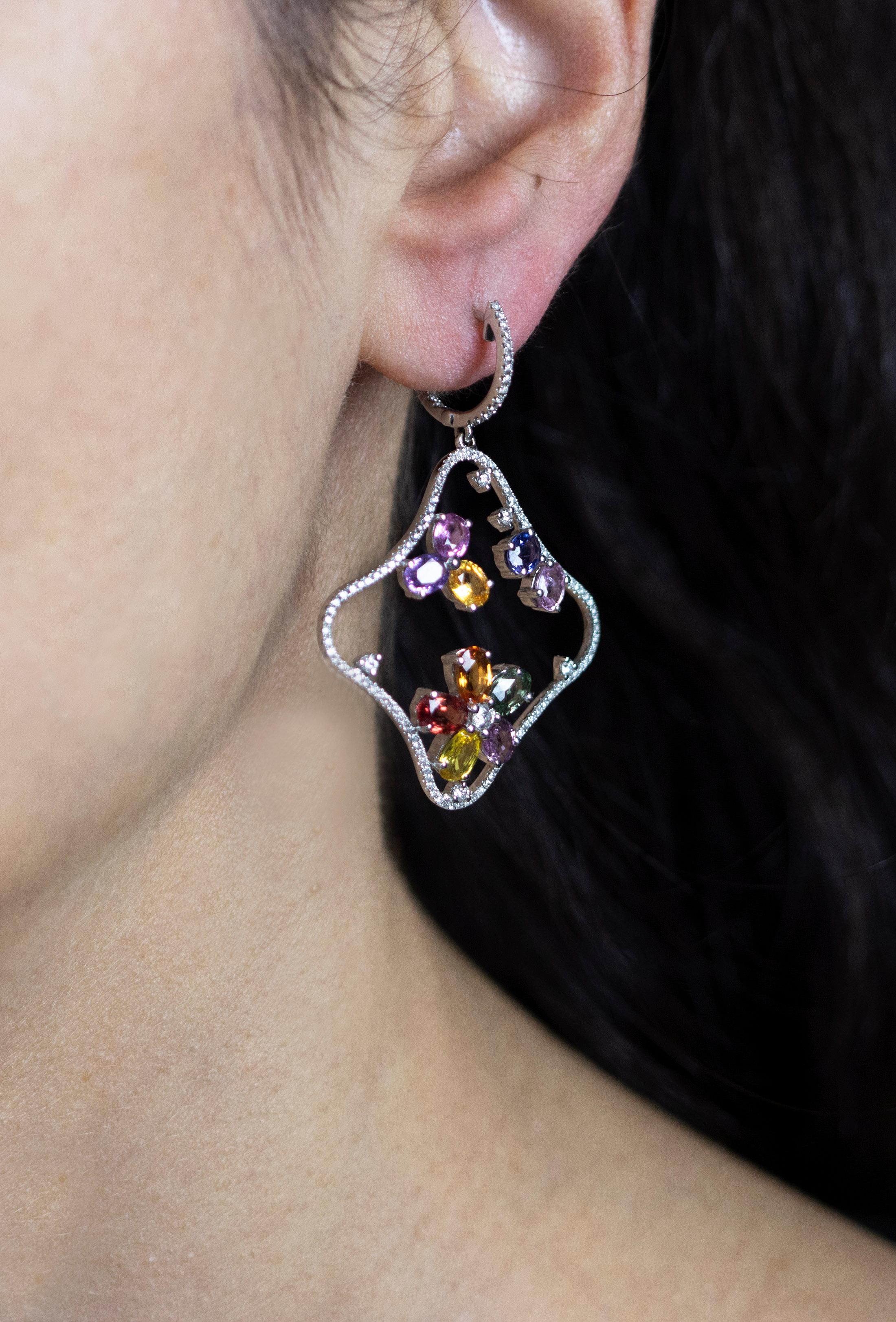Roman Malakov 9.67 Carats Multi-Color Sapphires with Diamond Dangle Earrings In New Condition For Sale In New York, NY