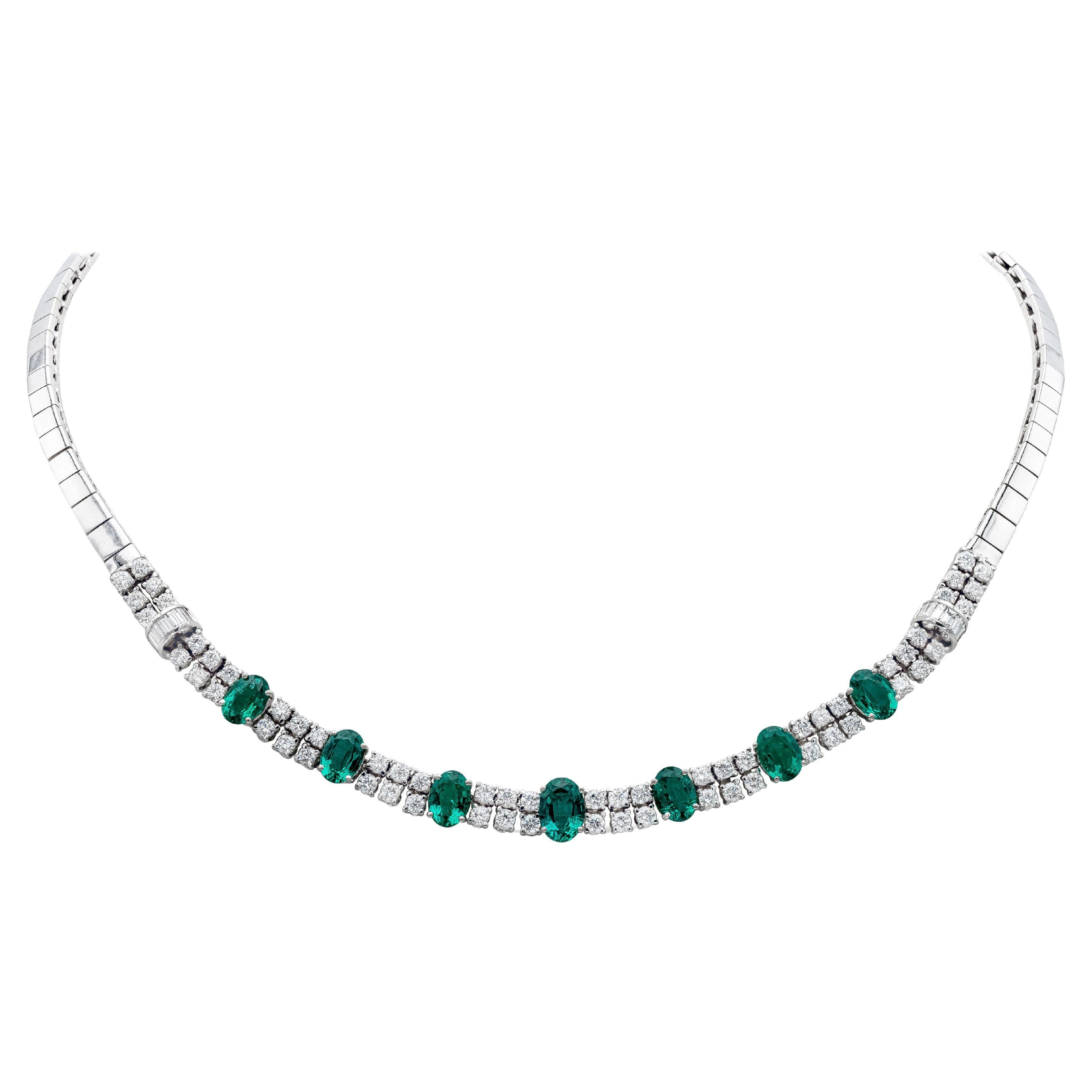 Roman Malakov 9.70 Carat Total, Oval Cut Green Emerald and Diamond Necklace For Sale
