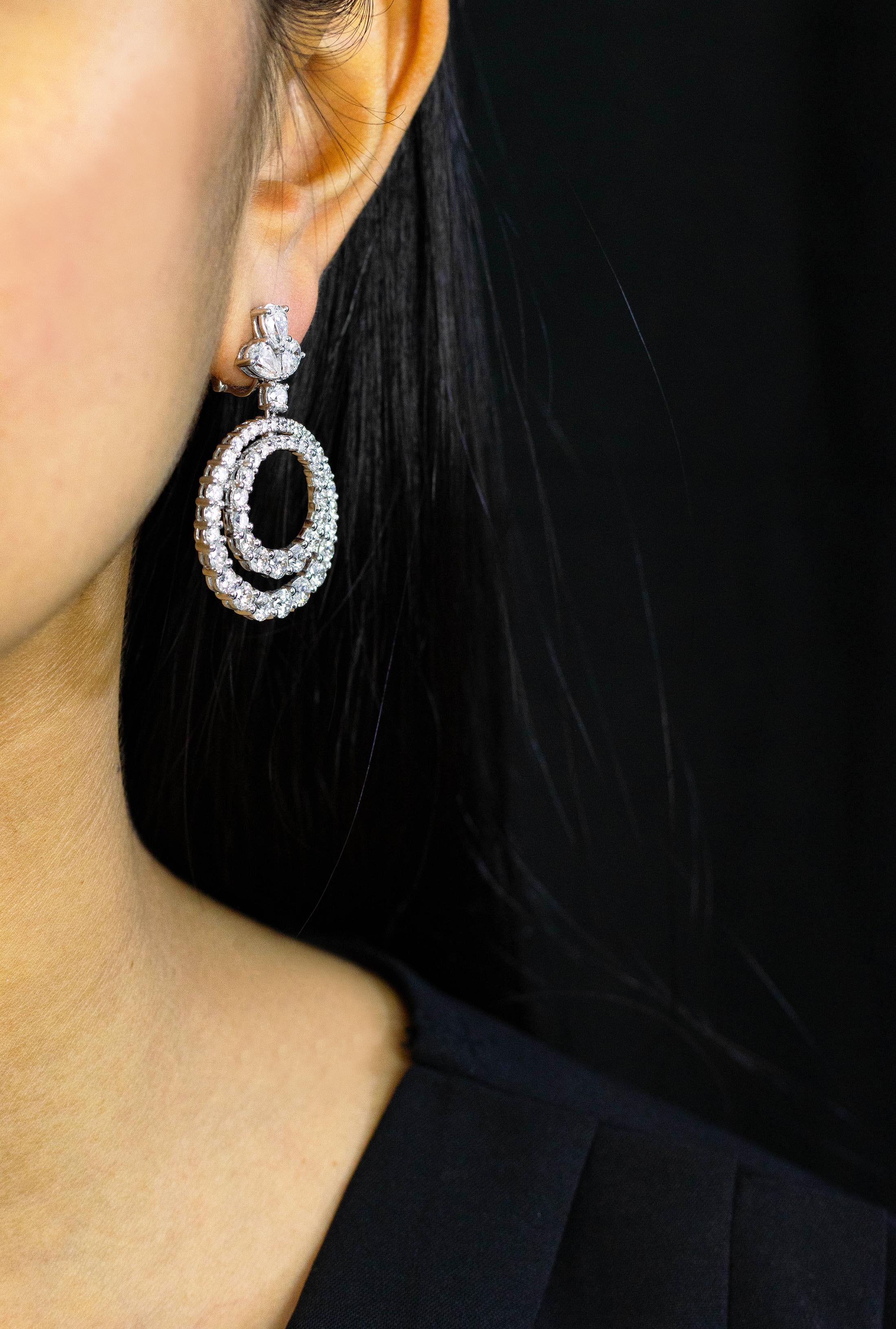 Contemporary Roman Malakov 9.95 Carats Total Round & Pear Shape Diamond Dangle Earrings For Sale