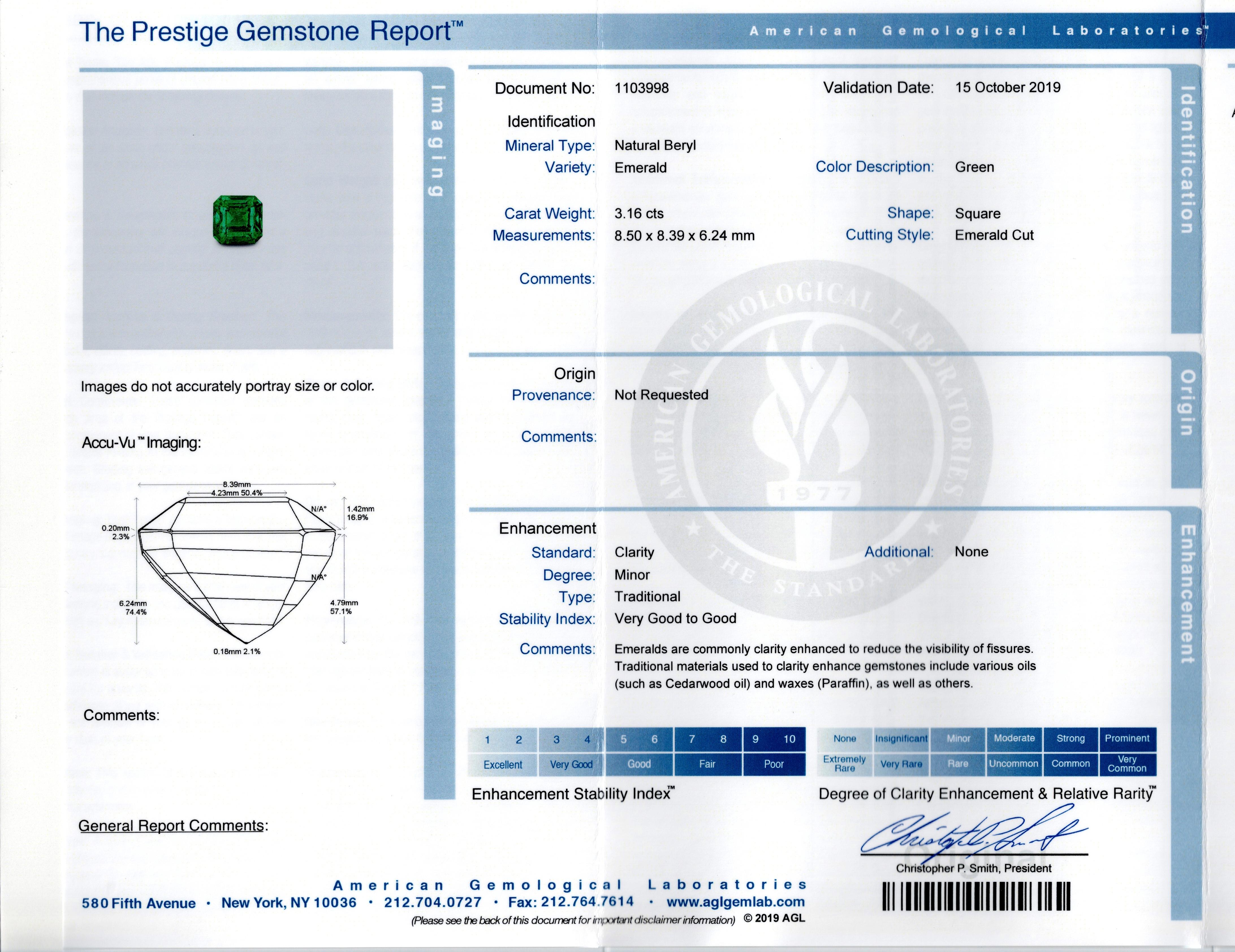 3.16 Carats Emerald Cut Green Emerald and Diamond Three-Stone Engagement Ring In New Condition For Sale In New York, NY