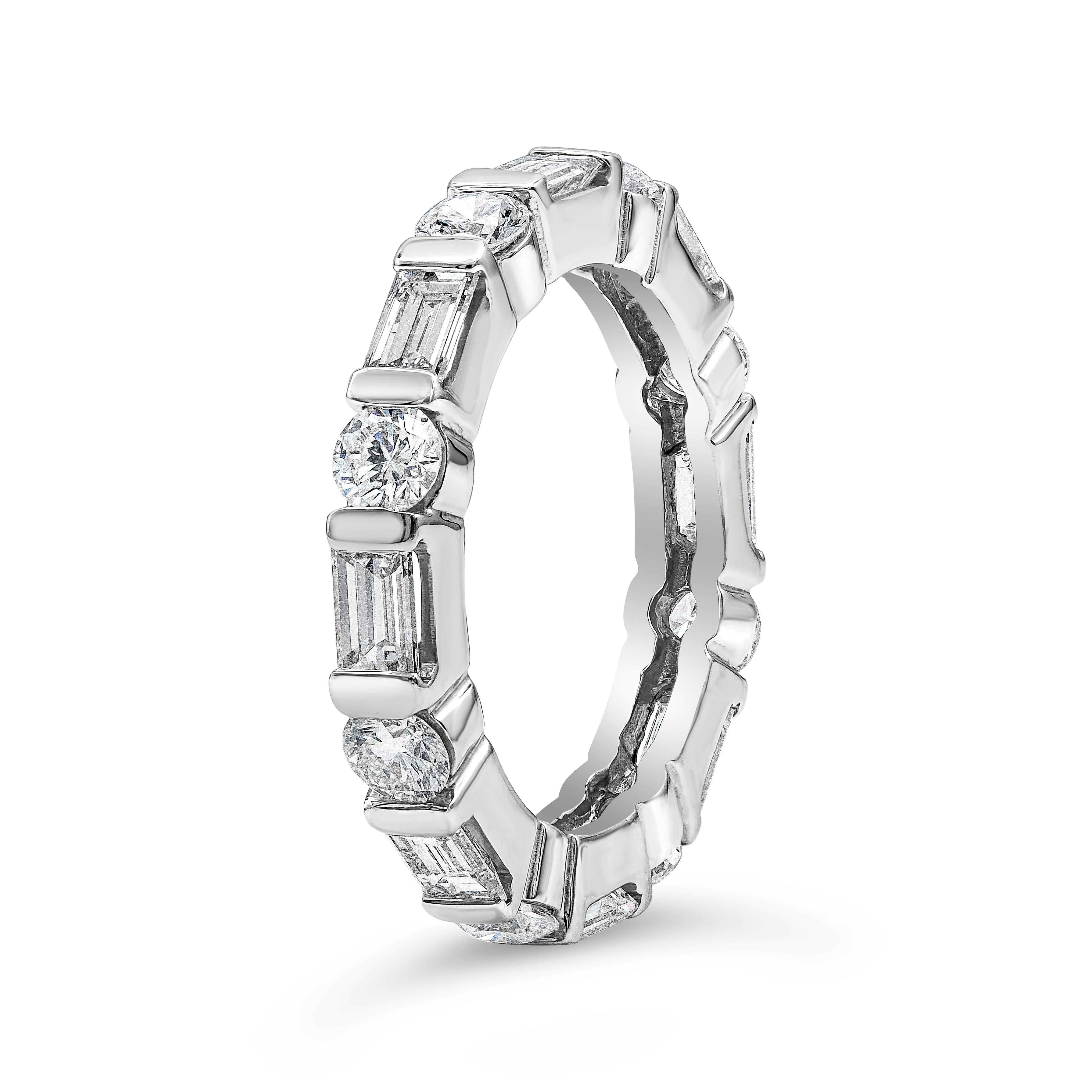 A unique eternity wedding band style, showcasing a baguette diamonds weighing 1.31 carats, elegantly alternating with round brilliant diamonds weighing 1.05 carats. Bar set, made with platinum. Size 5.75 US

Roman Malakov is a custom house,