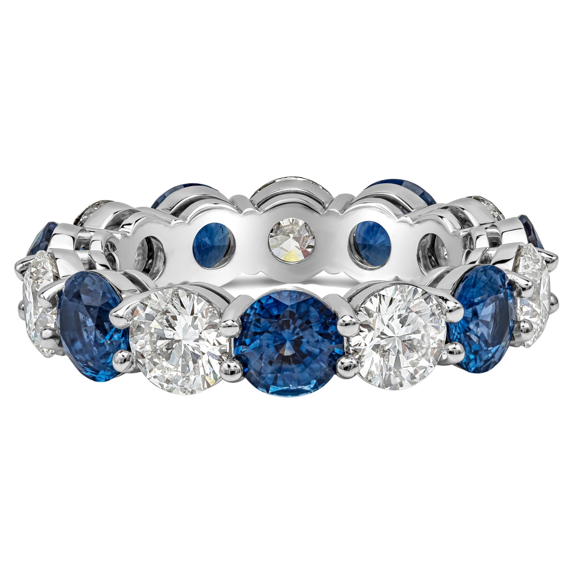 6.95 Carats Alternating Round Blue Sapphire and Diamond Eternity Wedding Band For Sale
