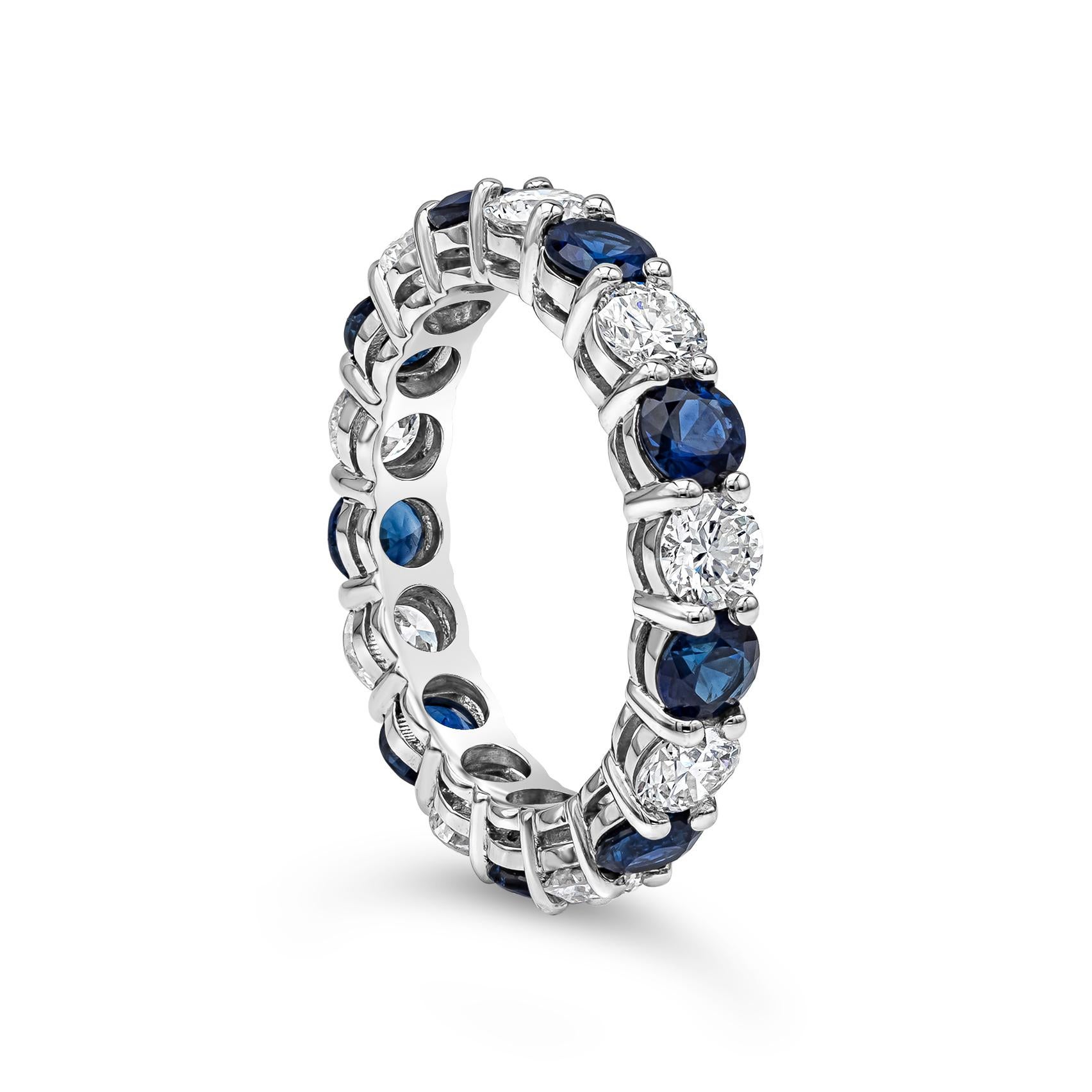 Features a classic eternity wedding band ring showcasing blue sapphires weighing 2.30 carats, elegantly alternates with round brilliant diamonds weighing 1.89 carats. Mounted in a shared-prong setting, Made with 18K White Gold. Size 6 US

Style