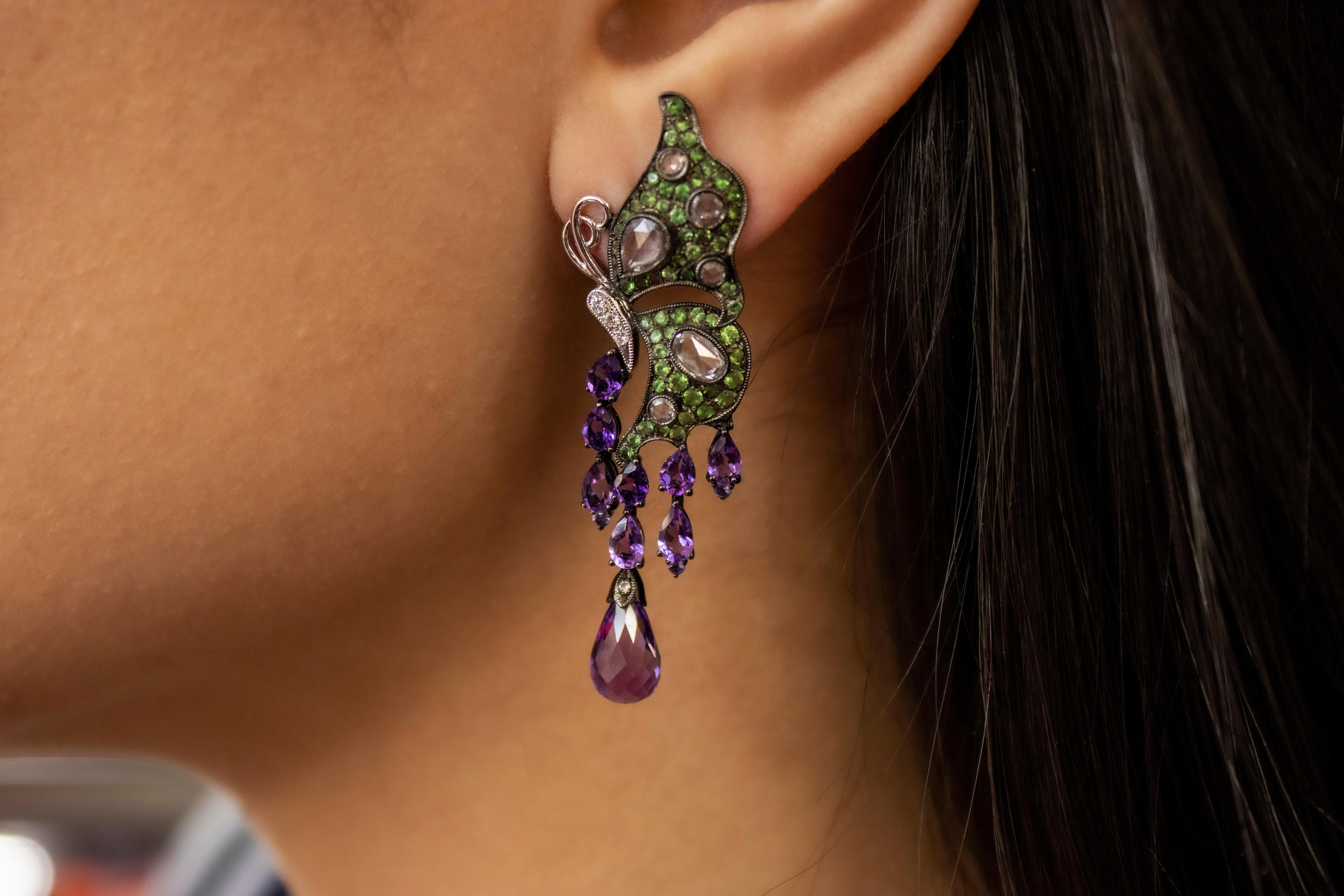 Women's Roman Malakov, Amethyst, Tsavorite, and Diamond Butterfly Dangle Earrings