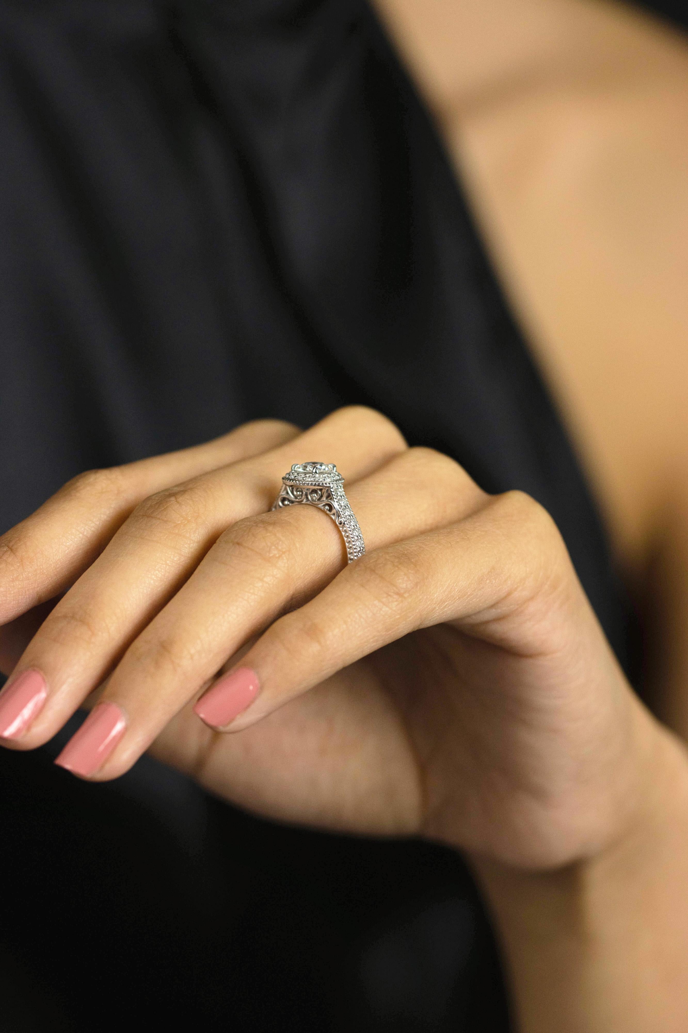 Contemporary Roman Malakov Antique 0.82 Carats Brilliant Round Diamond Halo Engagement Ring For Sale