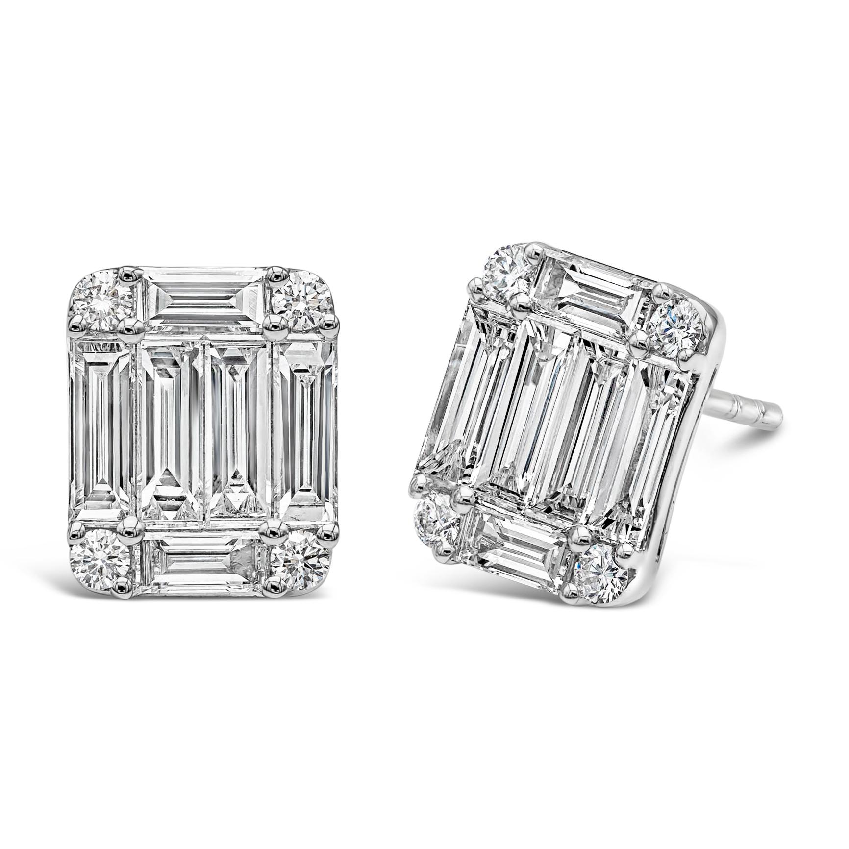 A unique pair of stud earrings showcasing a cluster of baguette and round diamonds, arranged to look like a large 4 carat emerald cut diamond. Baguettes weighs 1.76 carats total, and round diamonds weigh 0.20 carats total, F Color and VS in Clarity.