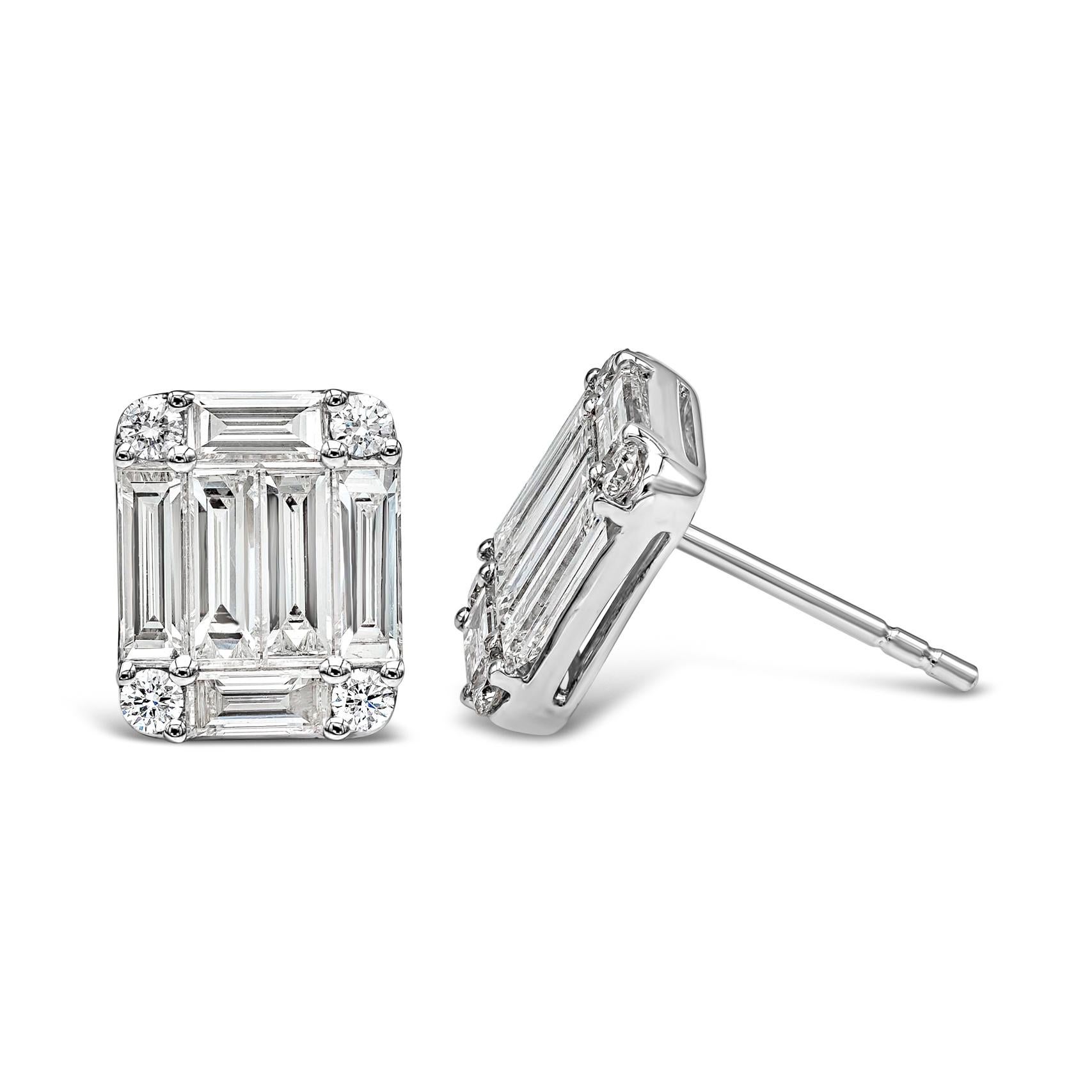 Contemporary Roman Malakov 1.96 Carats Total Baguette and Round Diamond Cluster Stud Earrings For Sale