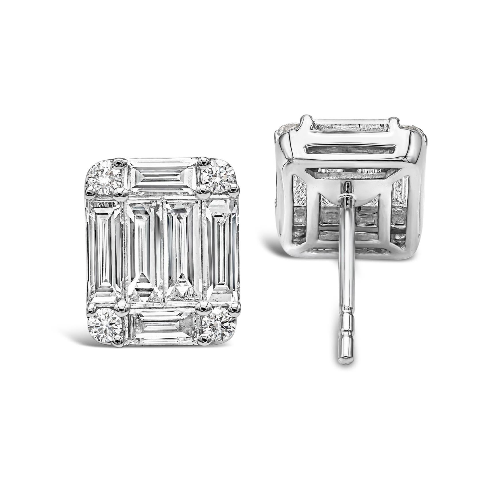 Baguette Cut Roman Malakov 1.96 Carats Total Baguette and Round Diamond Cluster Stud Earrings For Sale