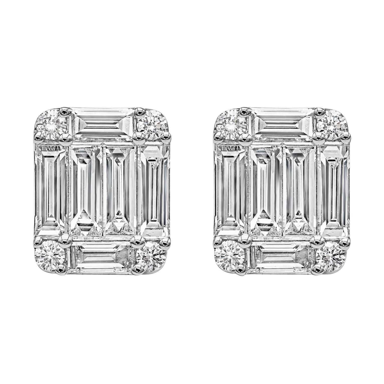Roman Malakov 1.96 Carats Total Baguette and Round Diamond Cluster Stud Earrings For Sale