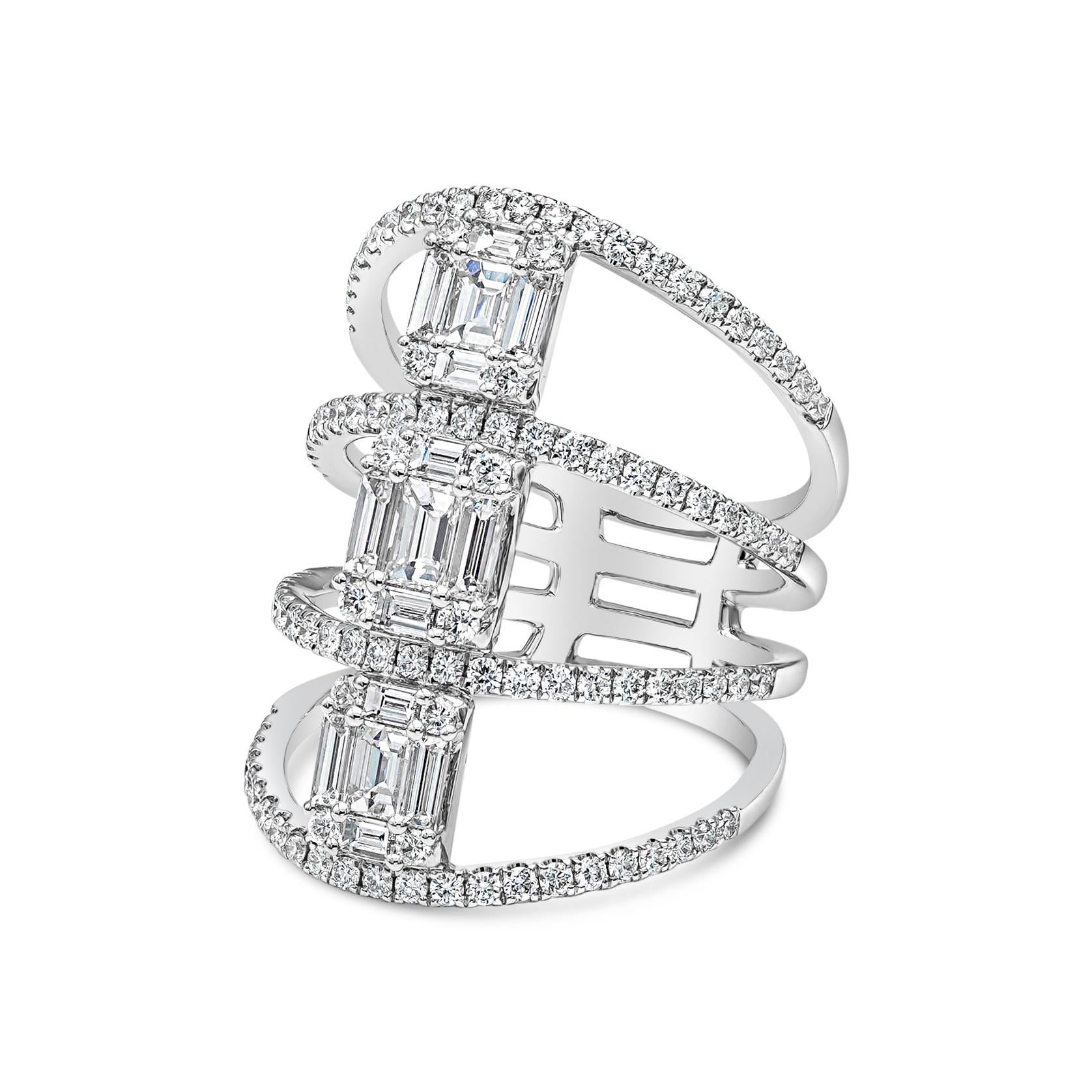 A magnificent fashion ring showcasing four rows of brilliant round diamonds, elegantly spaced by baguette diamonds illusion set like as emerald cut. Round diamonds weighs 0.90 carats, G Color and Vs in Clarity. Baguette diamonds weighs 1.12 carats,