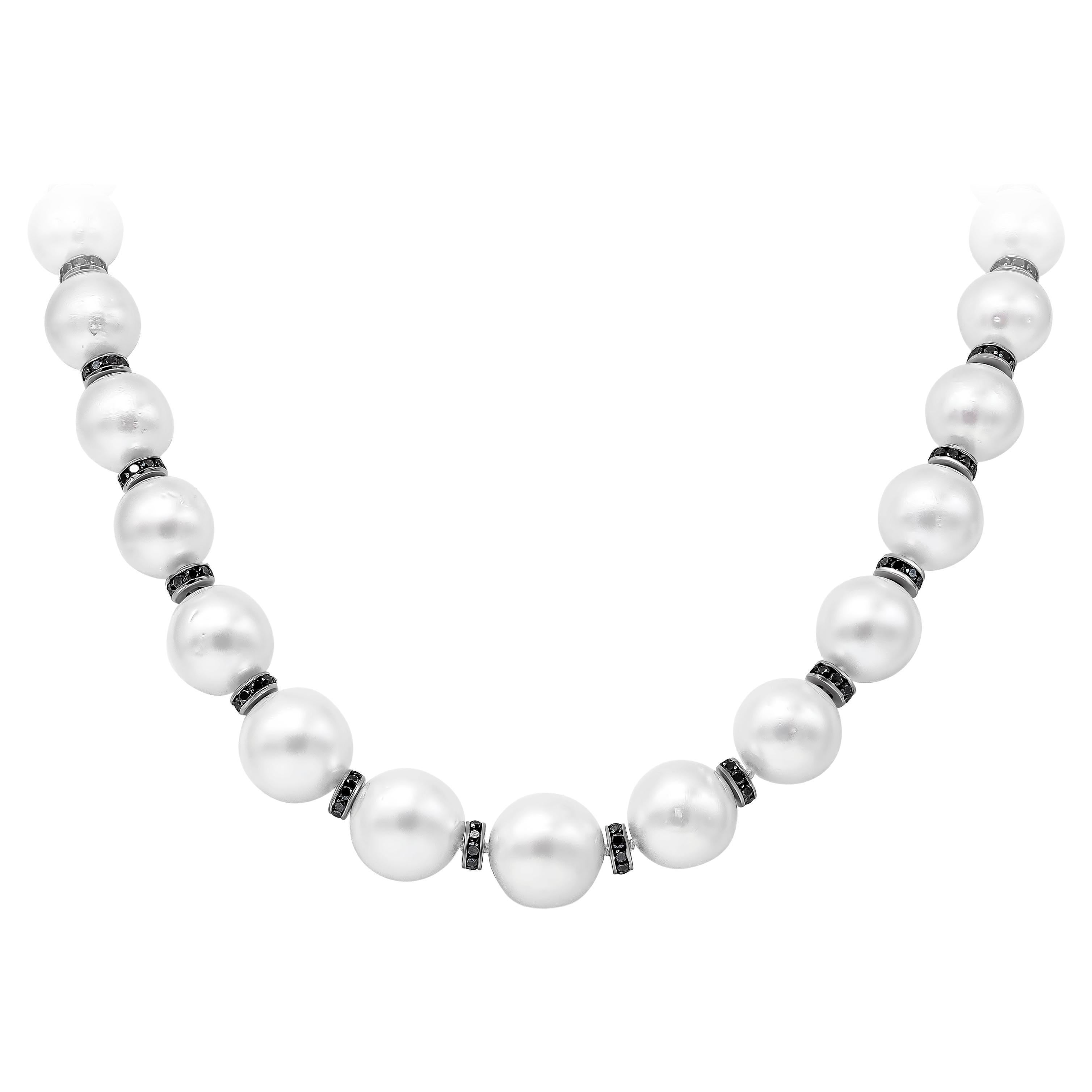 Roman Malakov 11.02 Carats Black Diamonds with Natural White Pearls Necklace For Sale