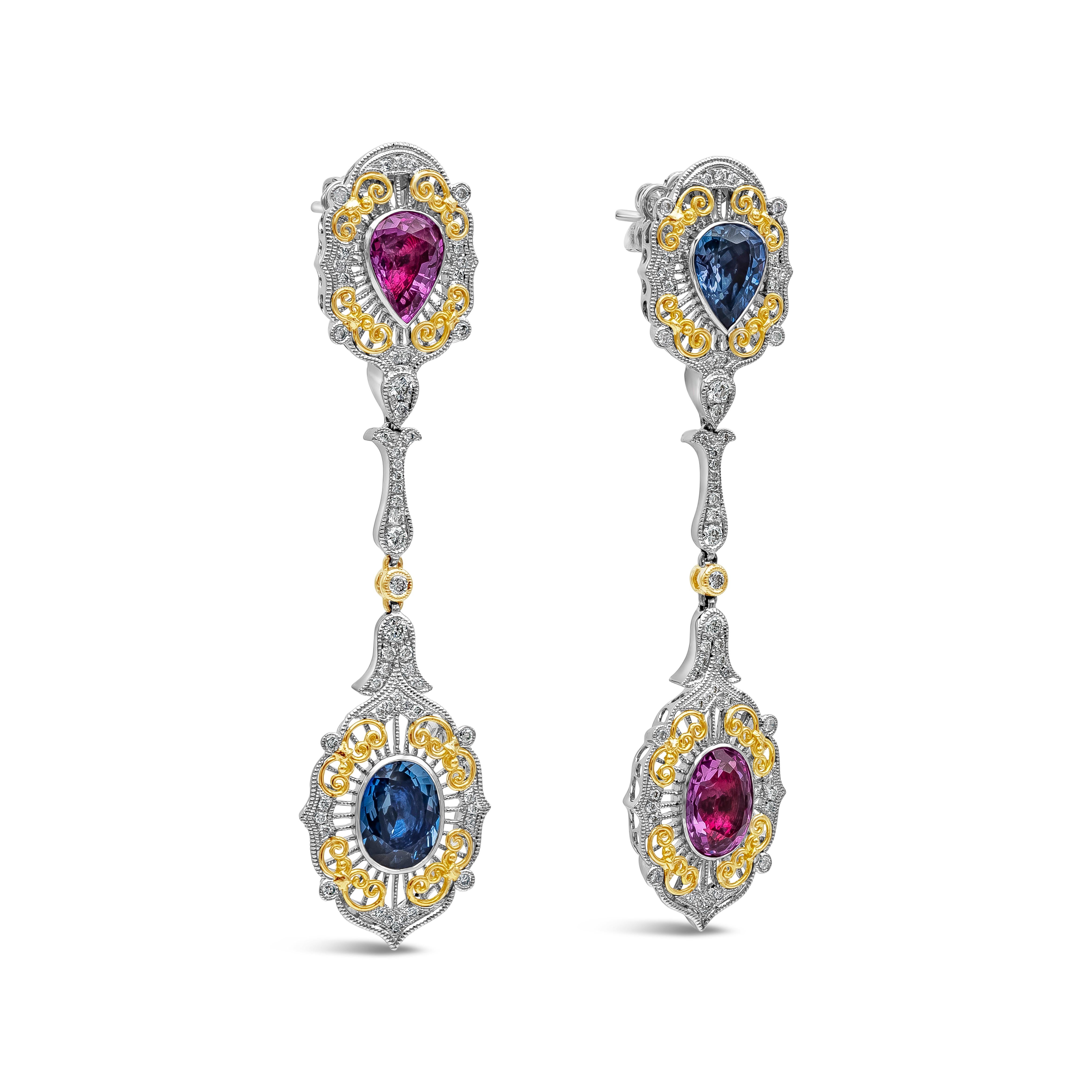 Contemporary Roman Malakov, Blue and Pink Sapphire, Diamond Dangle Drop Earrings For Sale