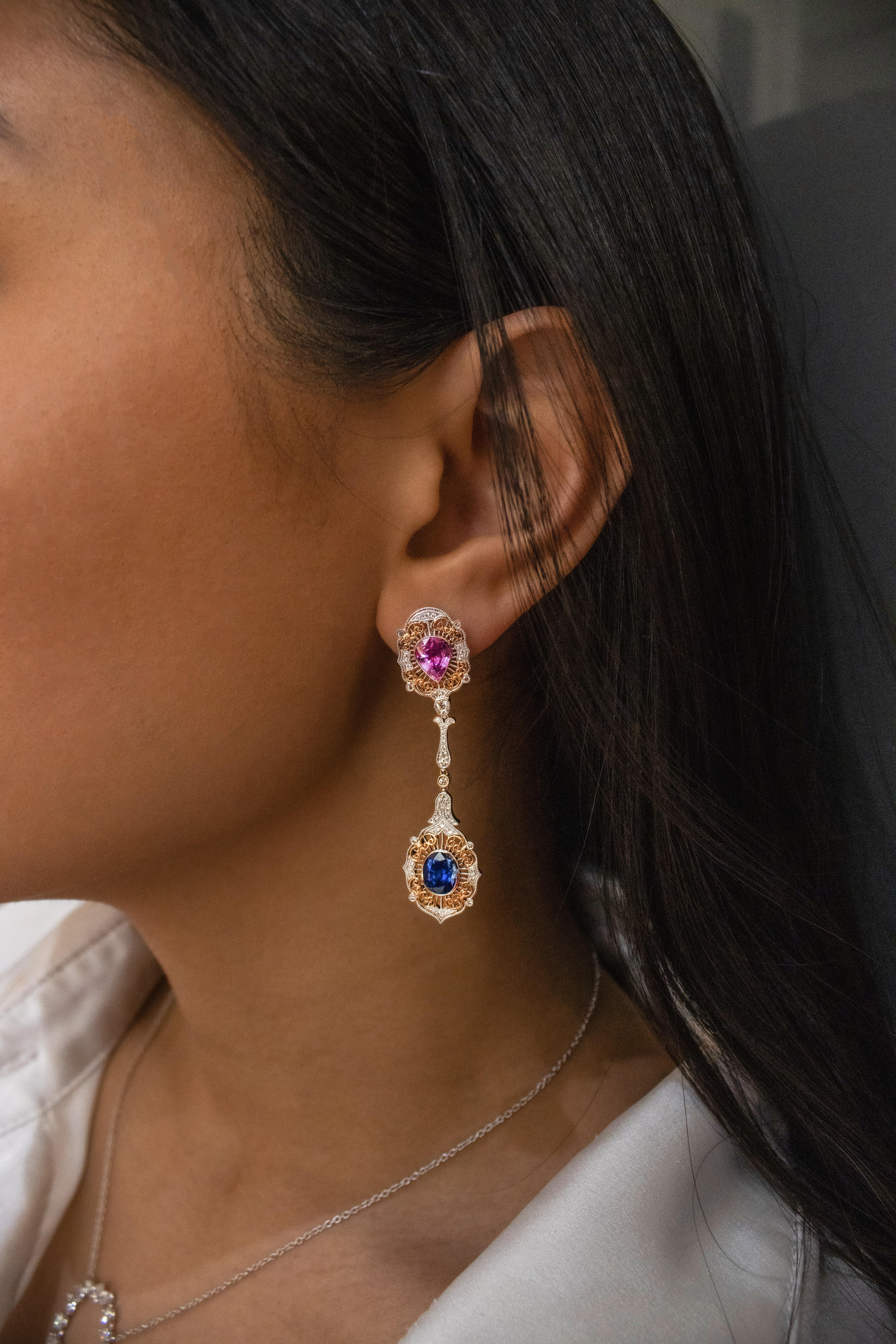 Roman Malakov, Blue and Pink Sapphire, Diamond Dangle Drop Earrings In New Condition For Sale In New York, NY
