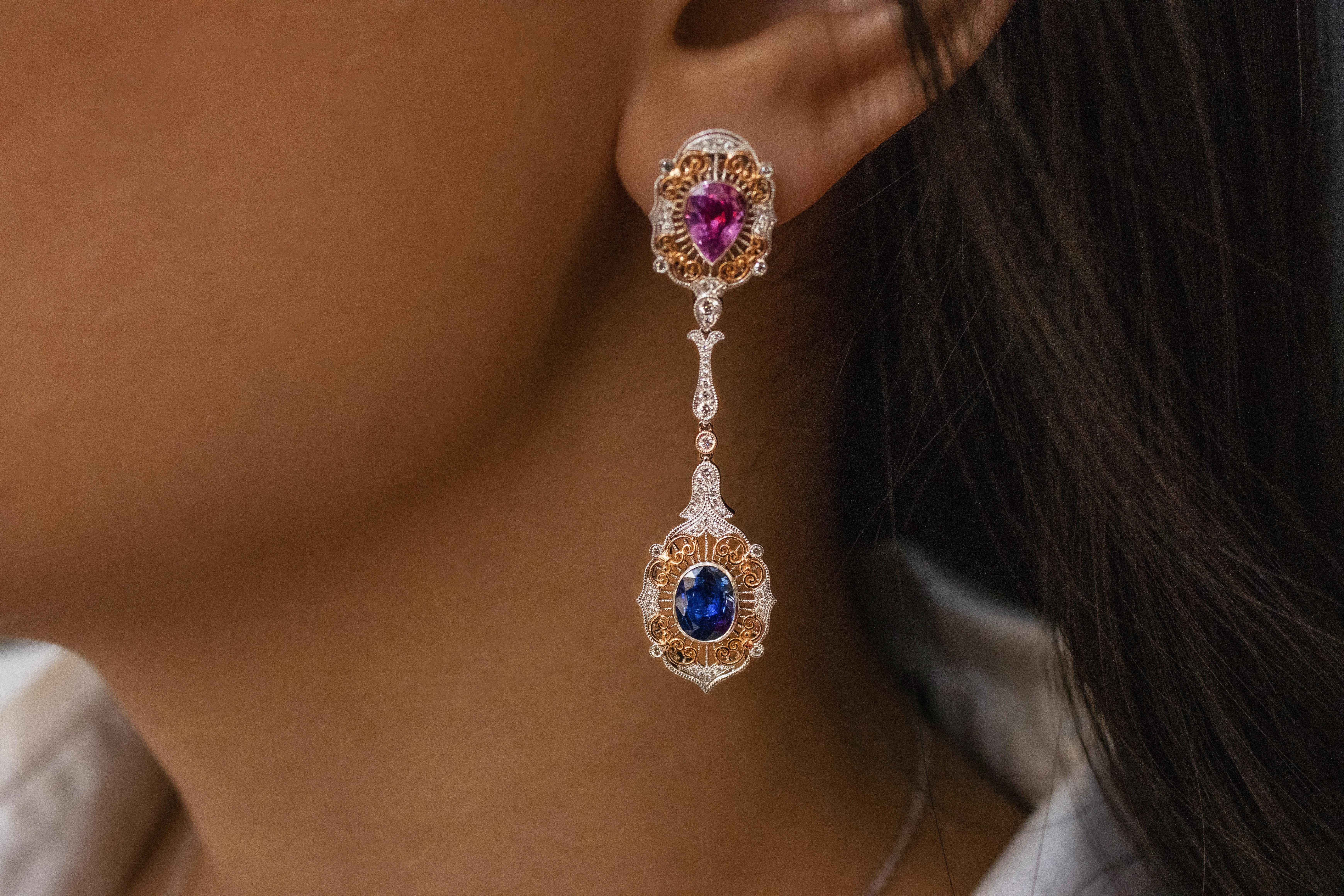 Women's Roman Malakov, Blue and Pink Sapphire, Diamond Dangle Drop Earrings For Sale