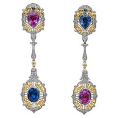 Roman Malakov, Blue and Pink Sapphire, Diamond Dangle Drop Earrings