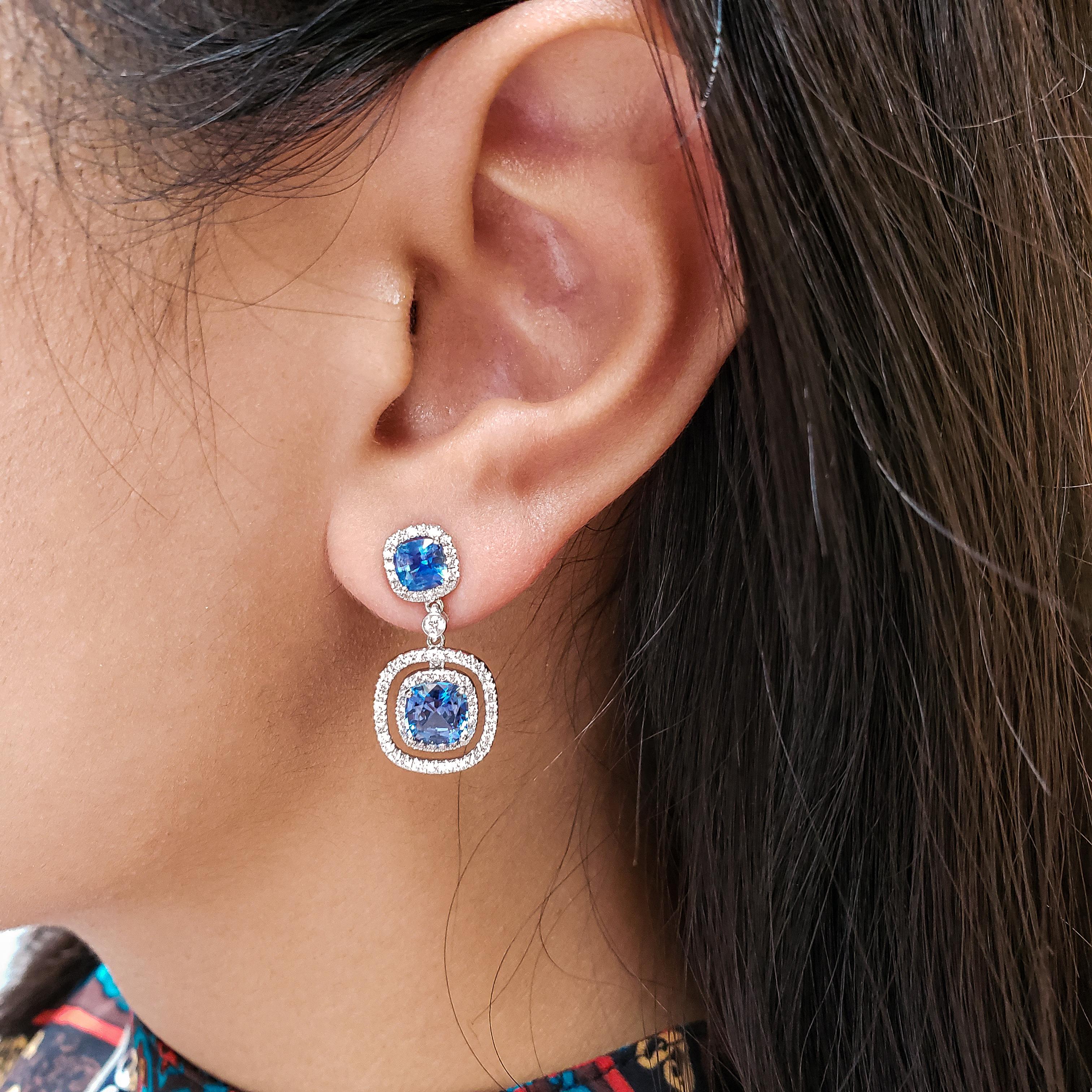 Roman Malakov 3.96 Carat Cushion Blue Sapphire with Diamond Halo Dangle Earrings In New Condition For Sale In New York, NY