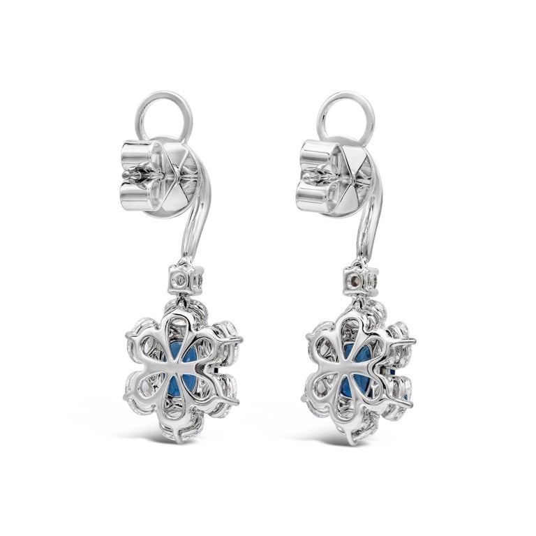 Contemporary Roman Malakov, Blue Sapphire and Diamond Flower Dangle Earrings For Sale
