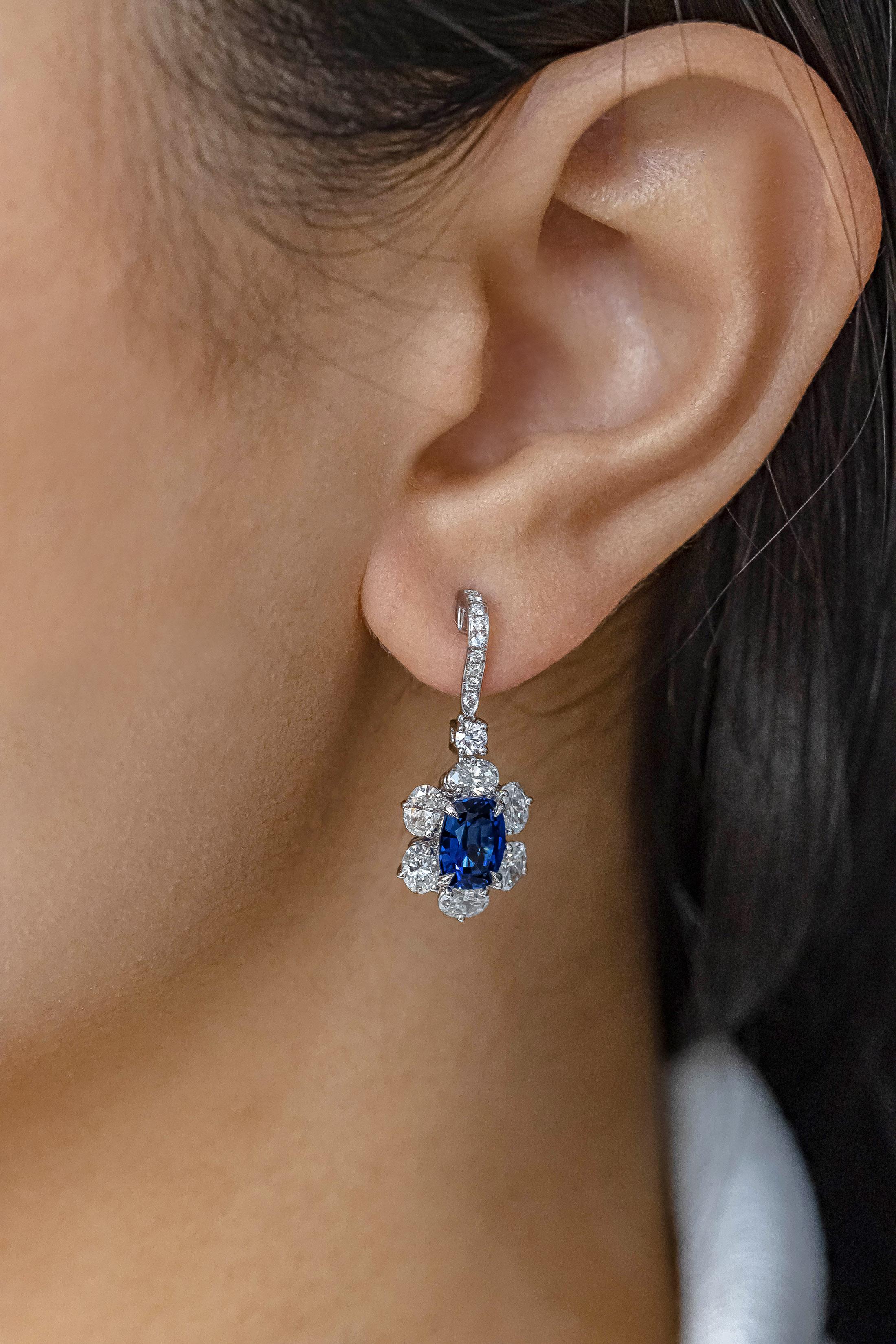 Mixed Cut Roman Malakov 3.30 Carats Cushion Cut Blue Sapphire and Diamonds Drop Earrings For Sale