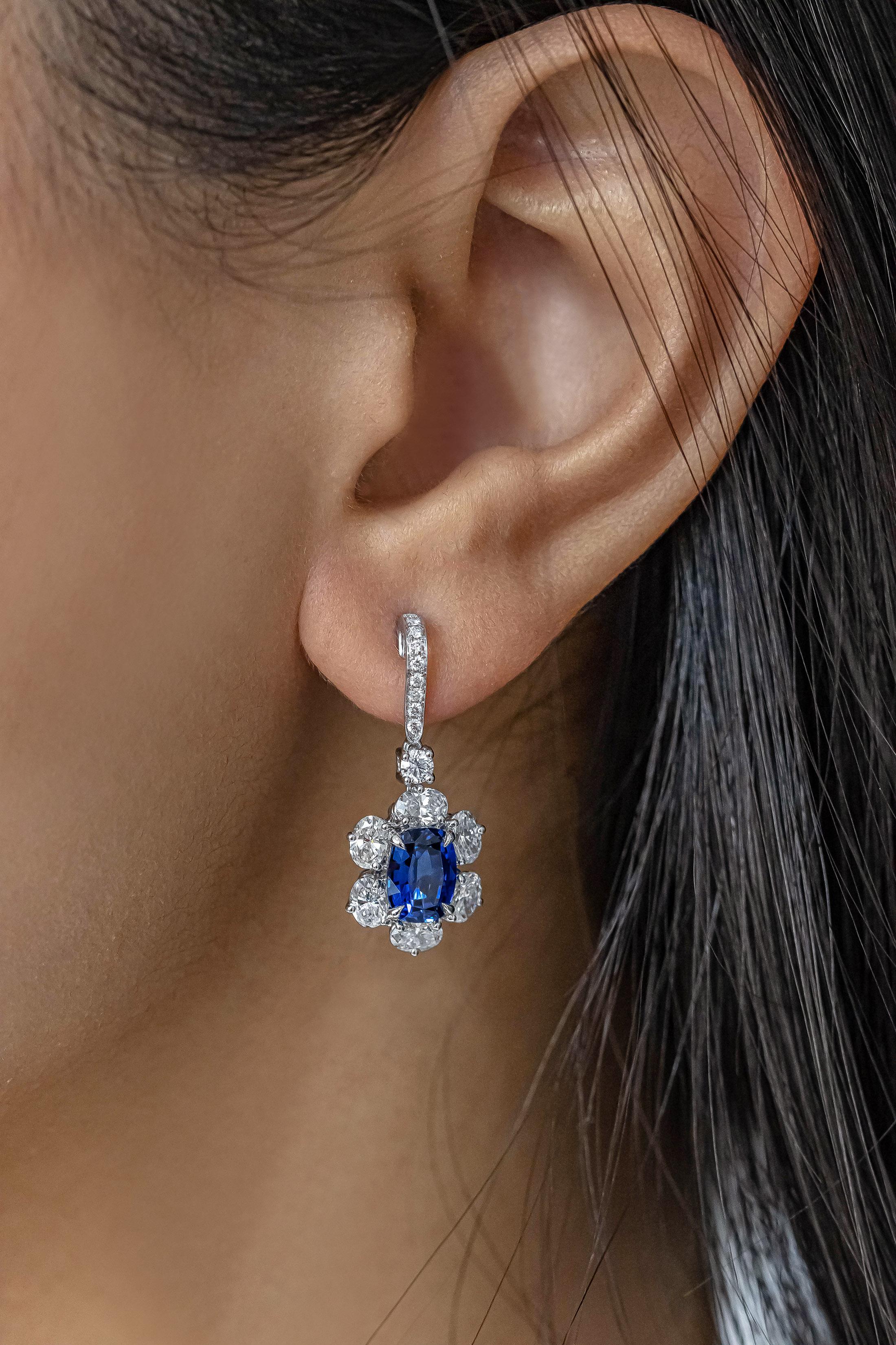 Roman Malakov 3.30 Carats Cushion Cut Blue Sapphire and Diamonds Drop Earrings In New Condition For Sale In New York, NY