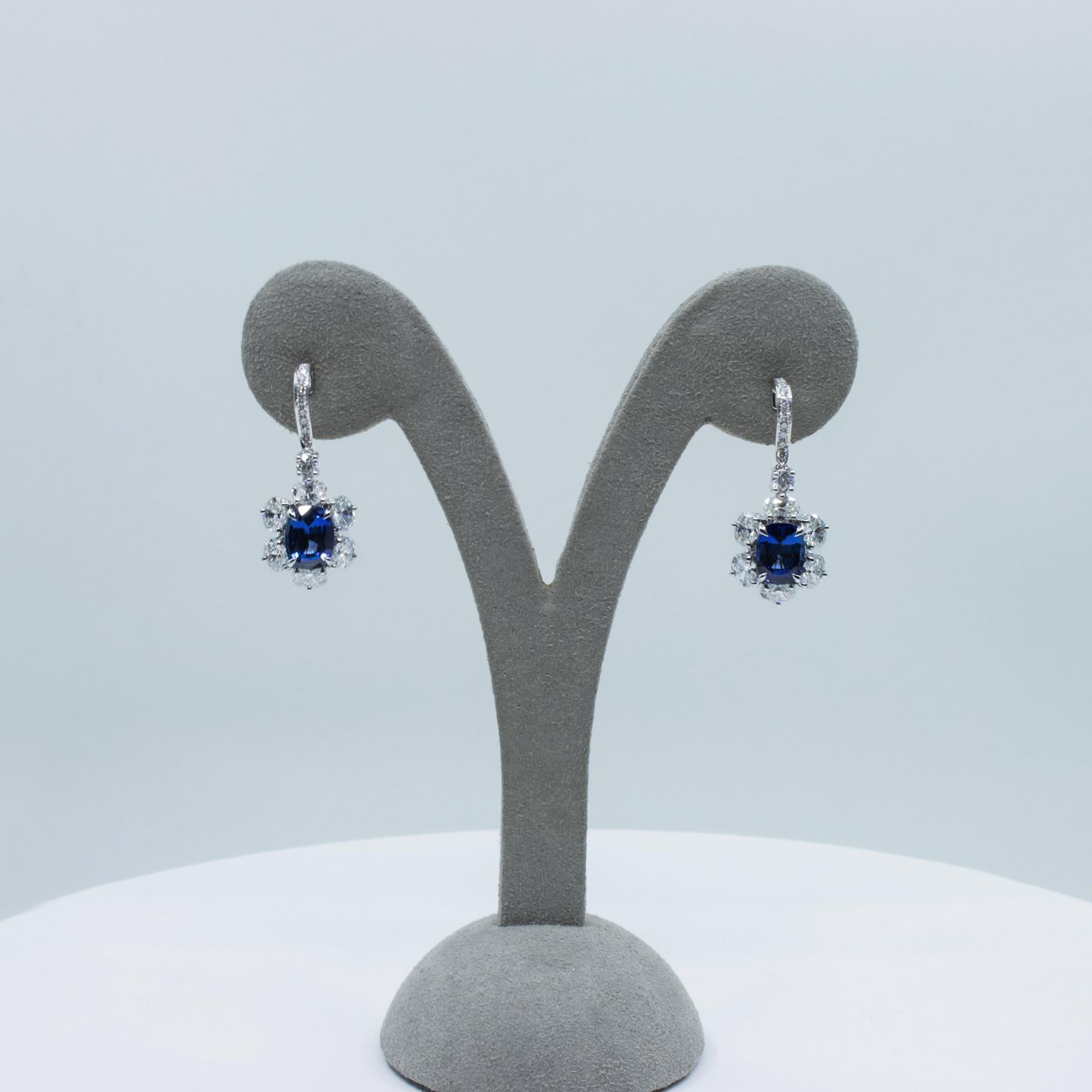 Women's Roman Malakov 3.30 Carats Cushion Cut Blue Sapphire and Diamonds Drop Earrings For Sale
