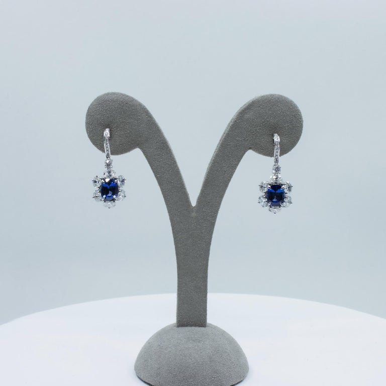 Women's Roman Malakov, Blue Sapphire and Diamond Flower Dangle Earrings For Sale