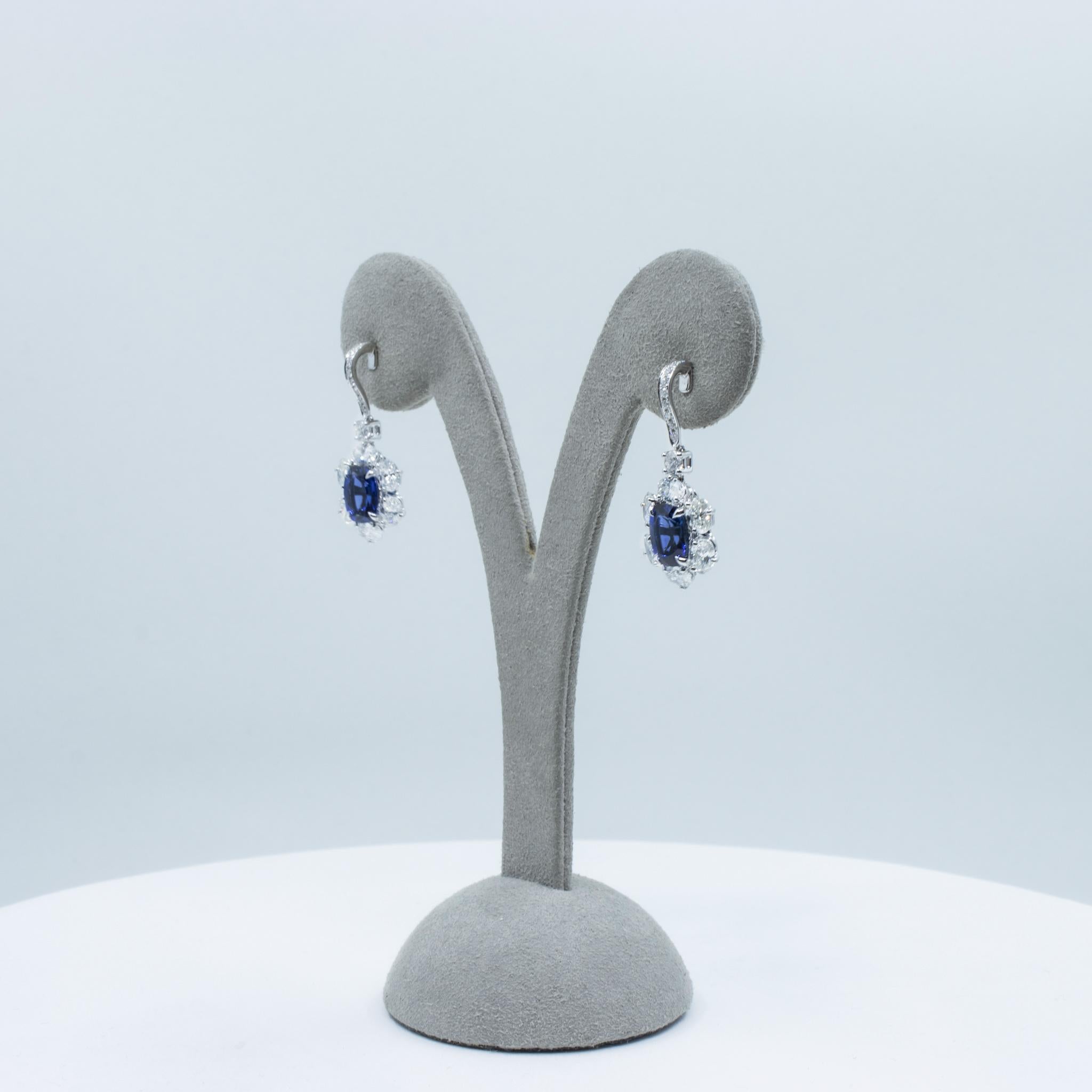 Roman Malakov 3.30 Carats Cushion Cut Blue Sapphire and Diamonds Drop Earrings For Sale 2