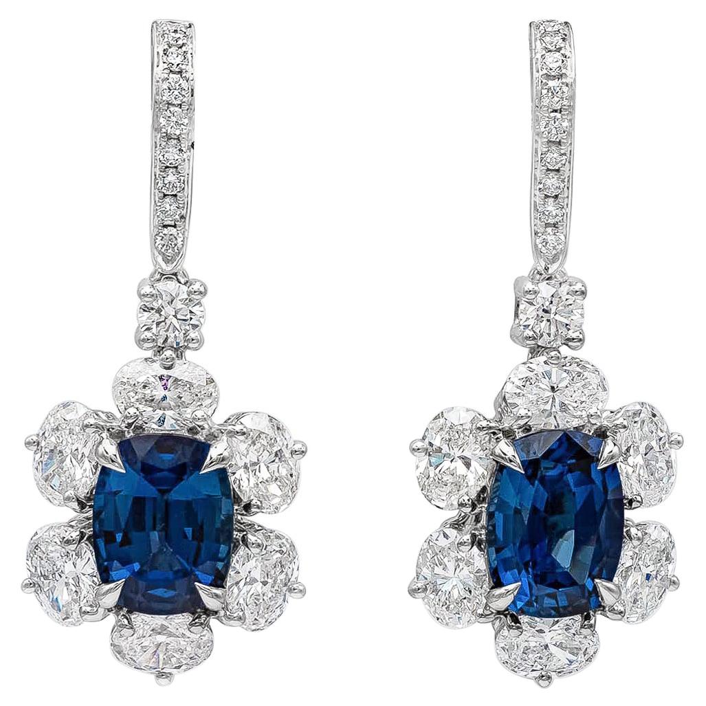 Roman Malakov 3.30 Carats Cushion Cut Blue Sapphire and Diamonds Drop Earrings For Sale