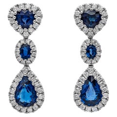 Roman Malakov, Blue Sapphire and Diamond Halo Dangle Drop Earrings