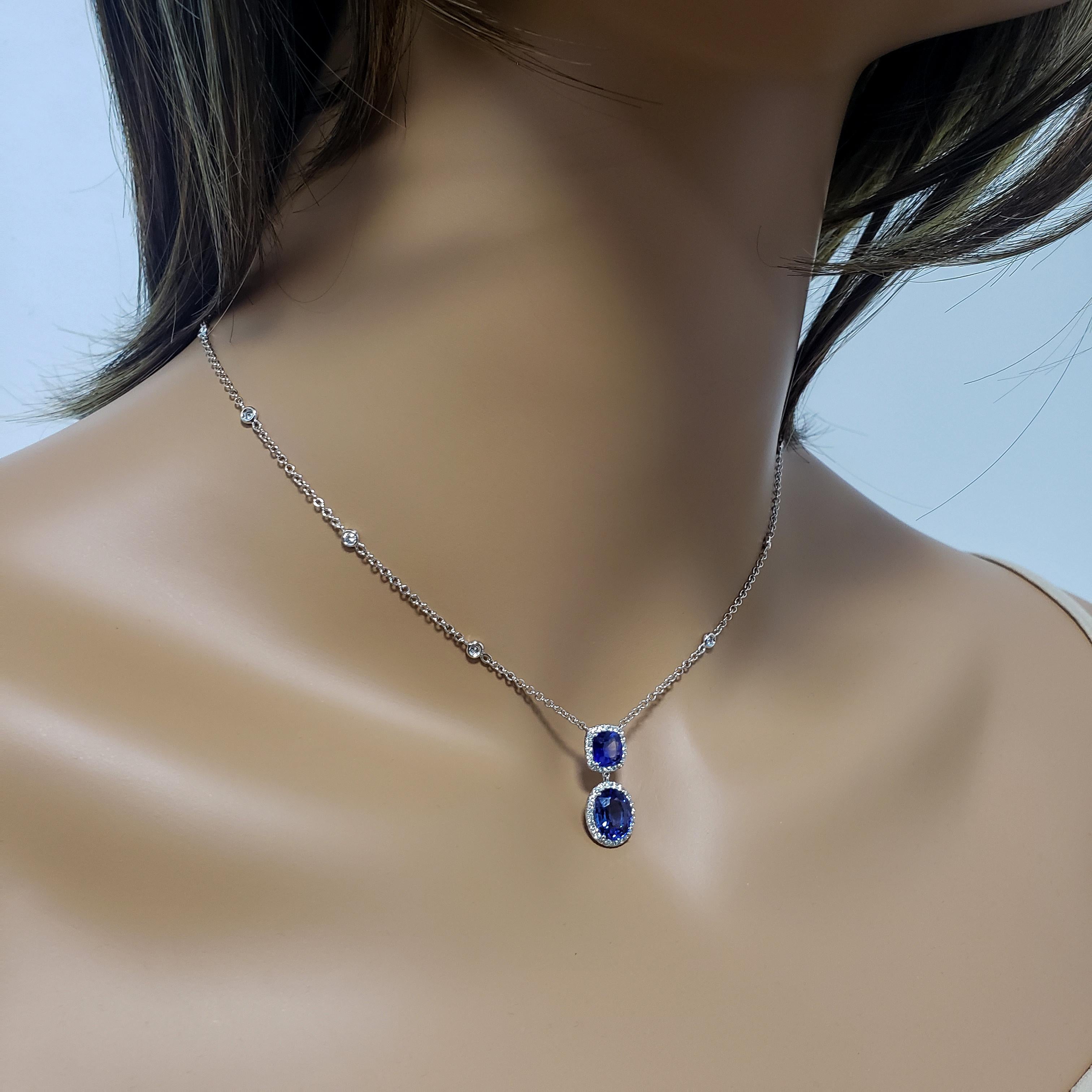 Roman Malakov Blue Sapphire and Diamond Halo Drop Pendant Necklace For ...