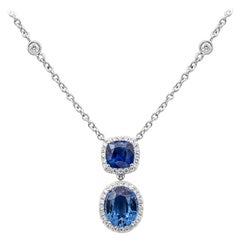 Roman Malakov 3.39 Carat Blue Sapphire with Diamond Halo Drop Pendant Necklace