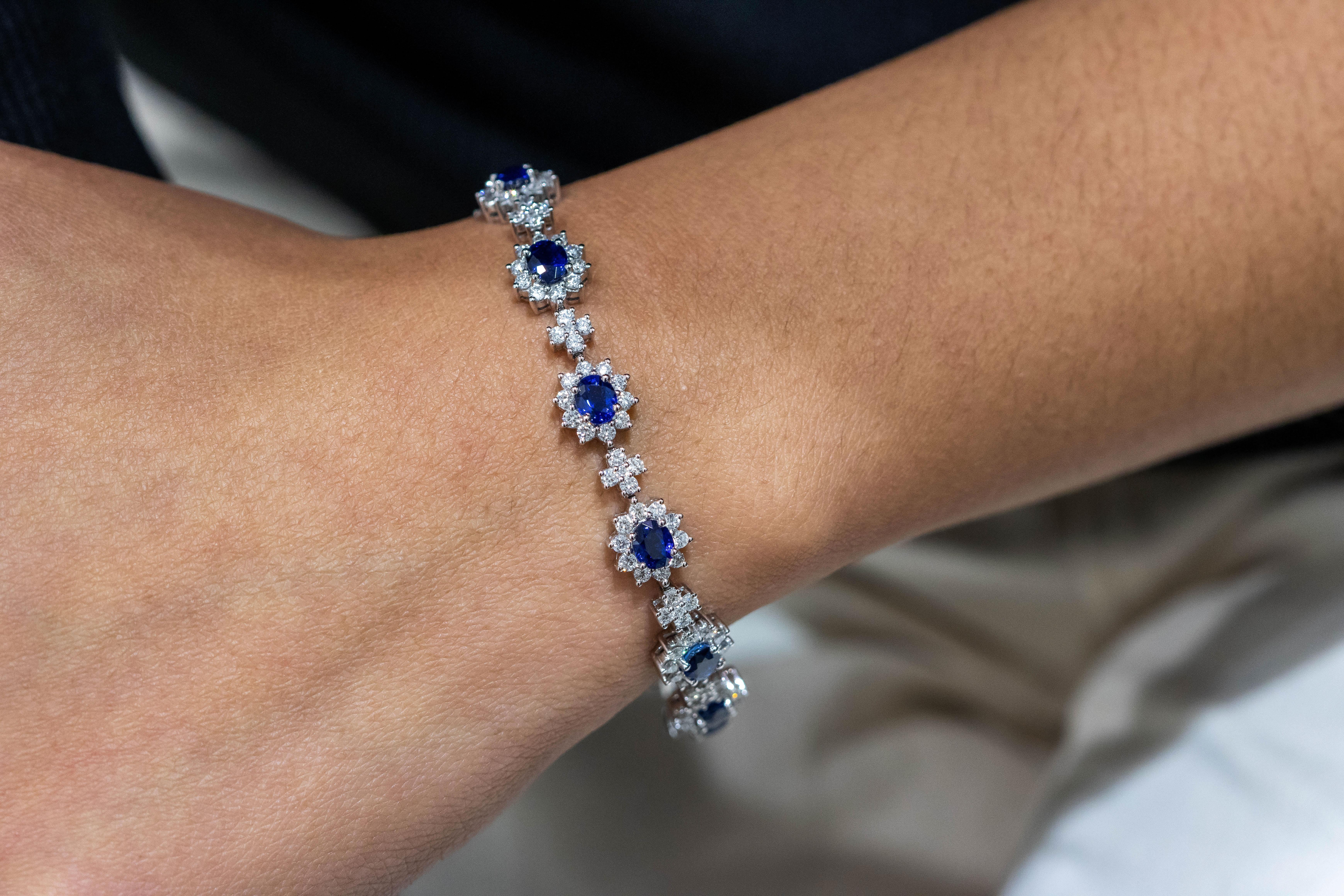 Oval Cut Roman Malakov 6.64 Carat Oval Blue Sapphire with Diamond Halo Flower Bracelet For Sale