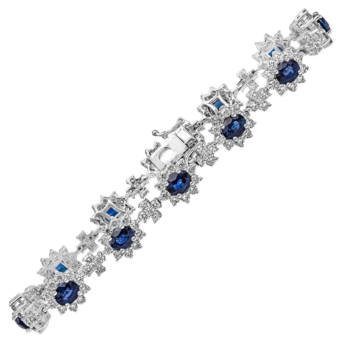 Roman Malakov 6.64 Carat Oval Blue Sapphire with Diamond Halo Flower Bracelet For Sale