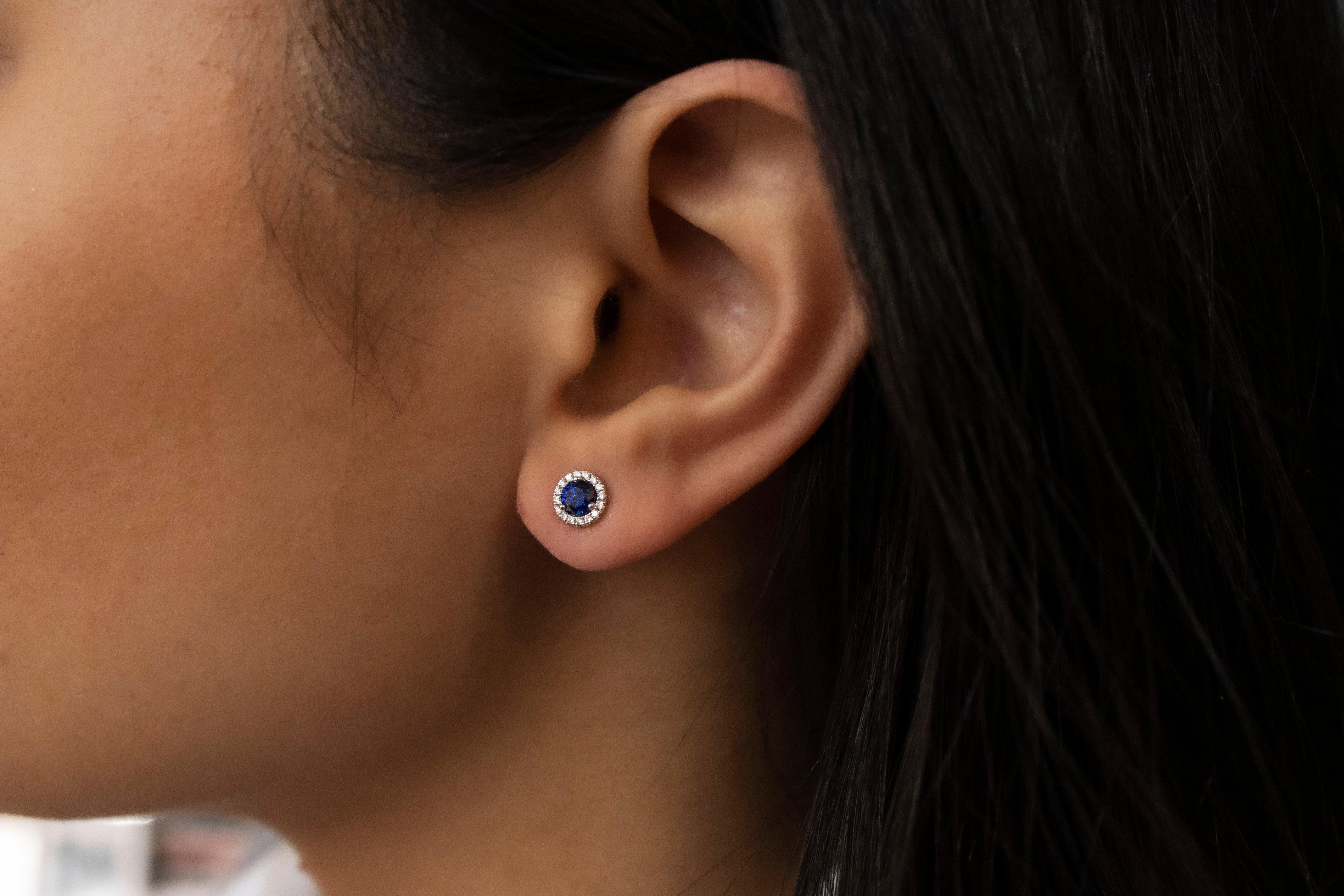 Round Cut GIA Certified 0.64 Carats Total Blue Sapphire and Diamond Halo Stud Earrings
