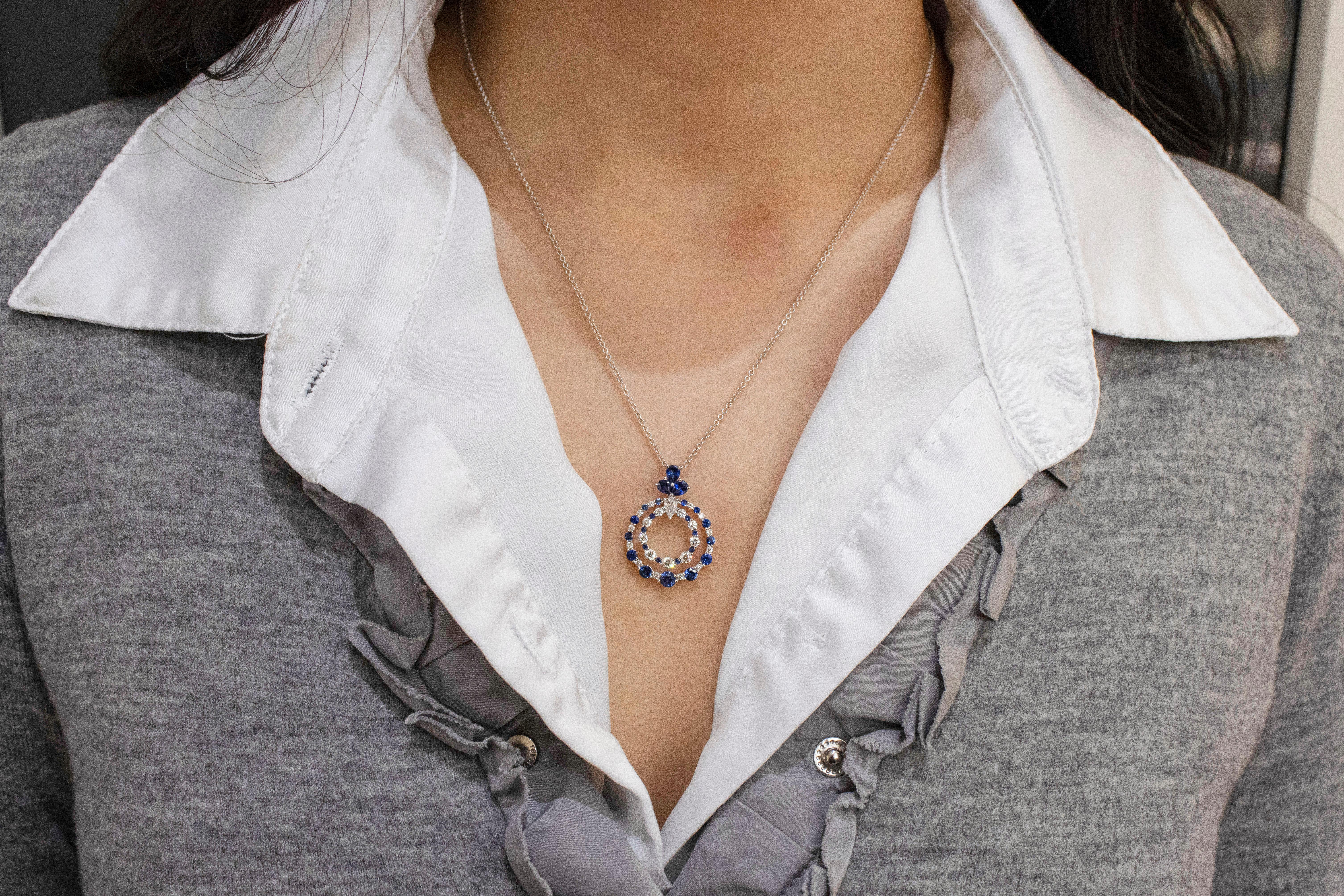 Contemporary Roman Malakov, Blue Sapphire and Diamond Open-Work Circle Pendant Necklace