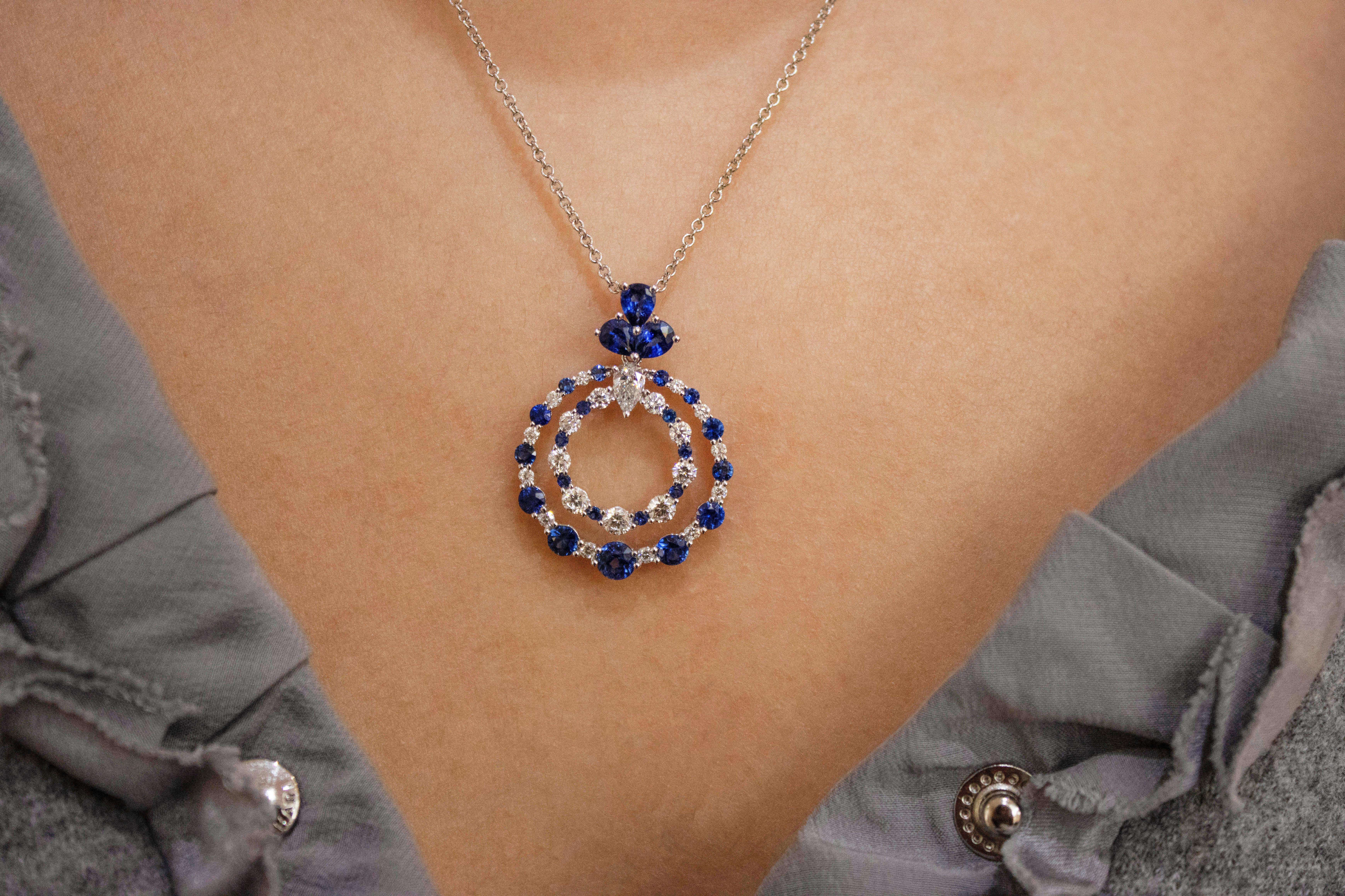 Round Cut Roman Malakov, Blue Sapphire and Diamond Open-Work Circle Pendant Necklace