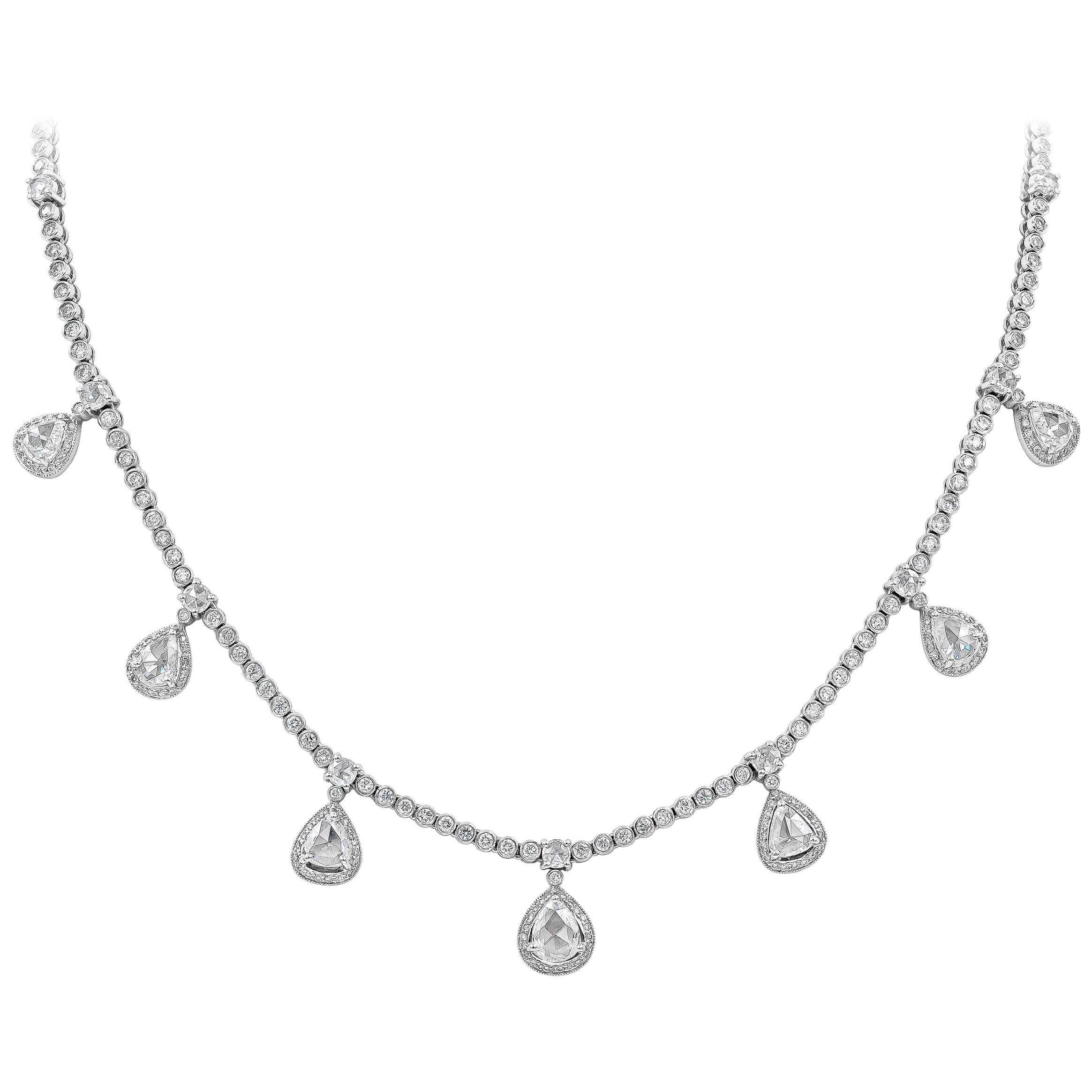 Roman Malakov 7.13 Carat Total Round and Rose Cut Diamond Fringe Tennis Necklace For Sale