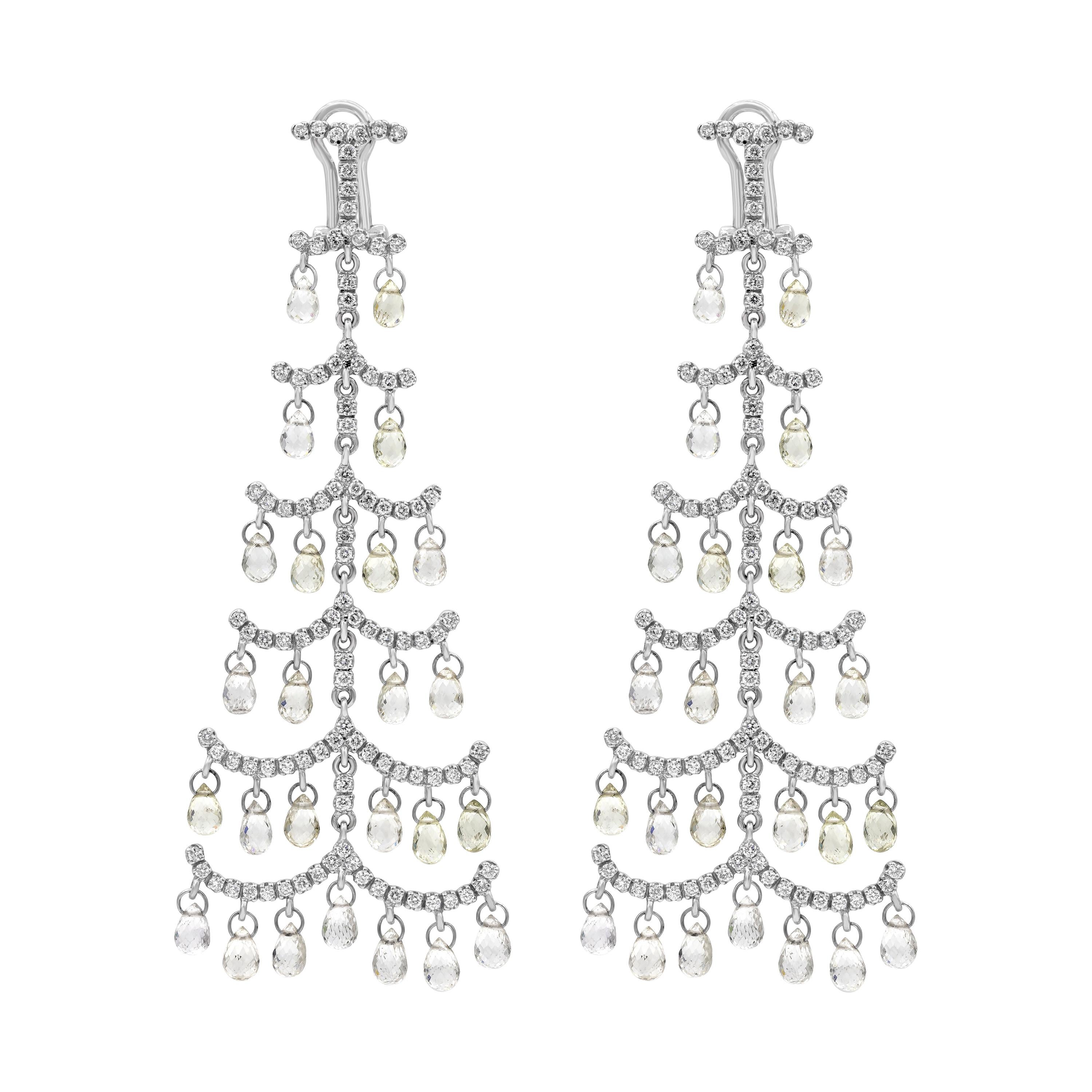 21.17 Carats Total Briolette Cut Sapphire and Round Diamond Chandelier Earrings For Sale