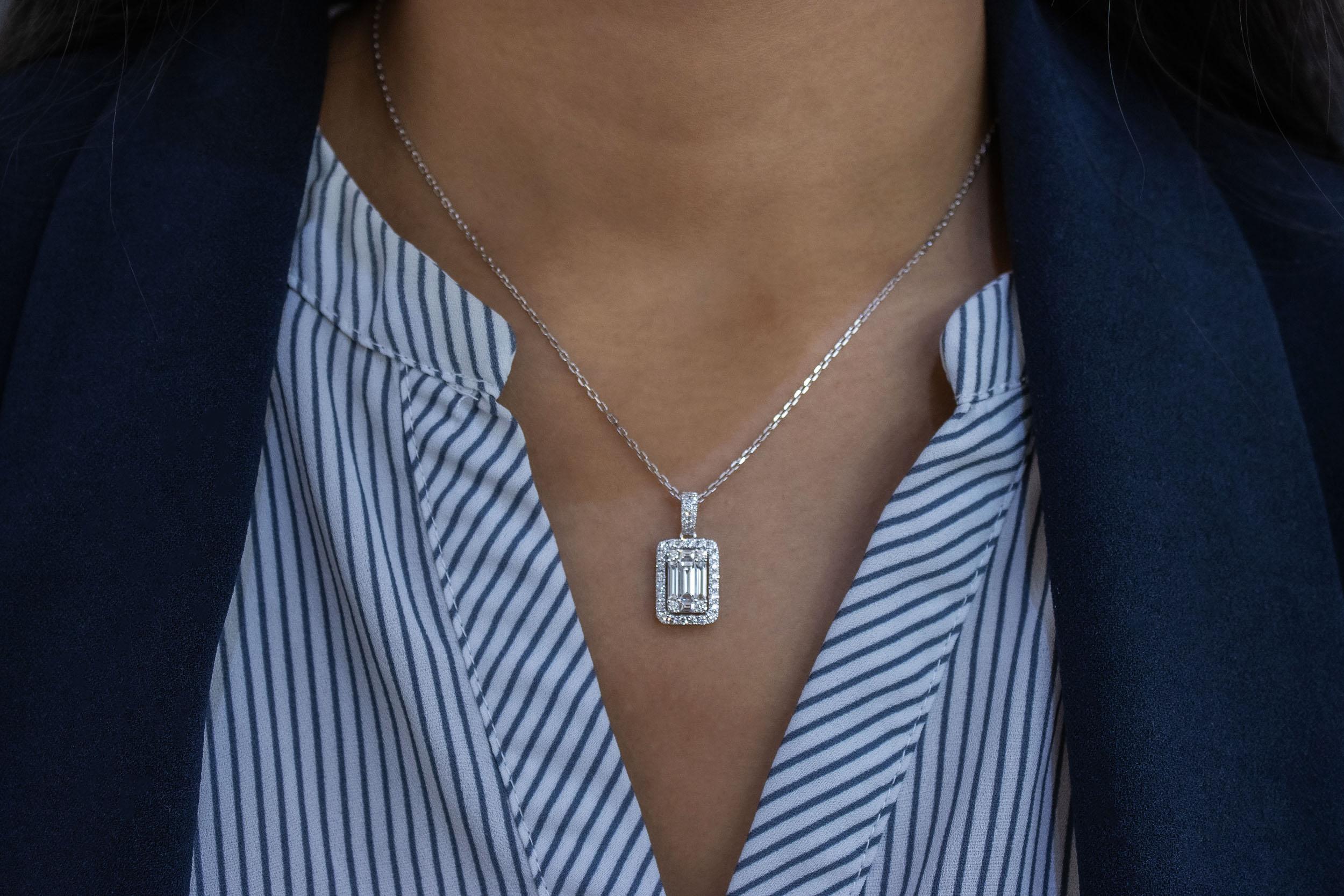 Contemporary 1.25 Carats Total Baguette and Round Diamond Illusion Pendant Necklace For Sale
