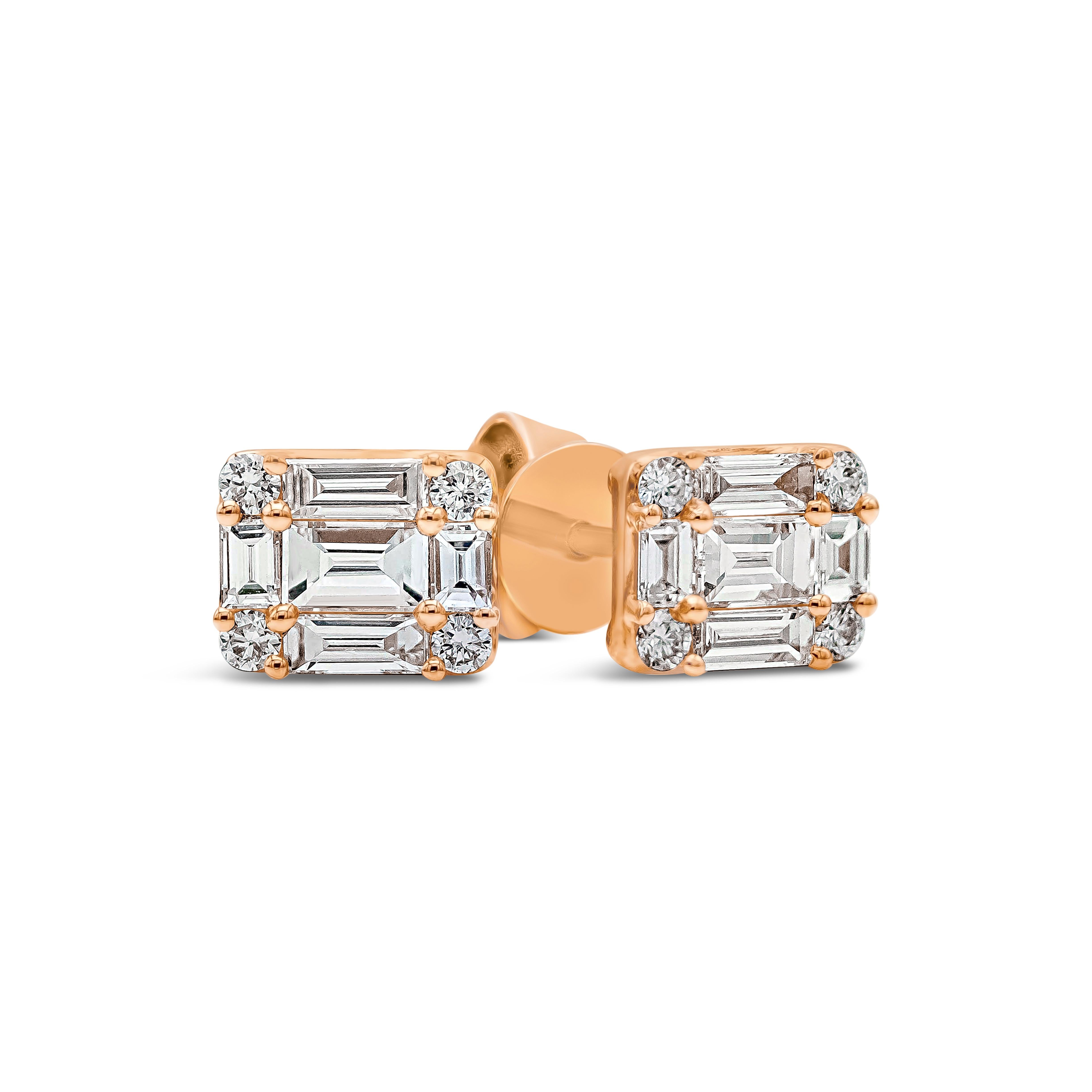 A stylish pair of stud earrings showcasing a cluster of baguette and round diamonds set in an illusion style to make it look like one large diamond. Baguette diamonds weigh 0.70 carats total; round diamonds weigh 0.14 carats total. Made in 18k rose