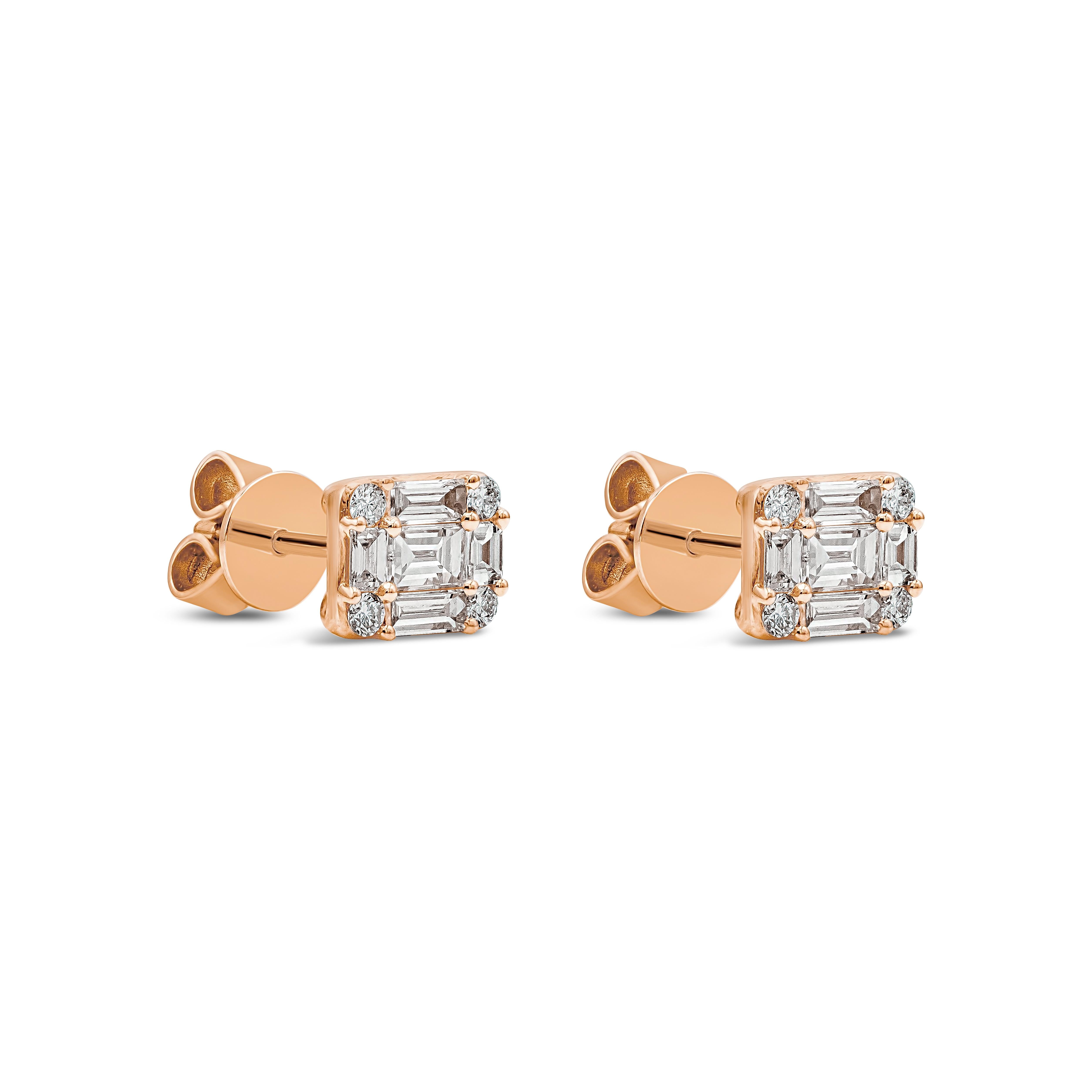 Contemporary Roman Malakov 0.84 Carats Total Baguette and Round Cut Diamond Stud Earrings For Sale
