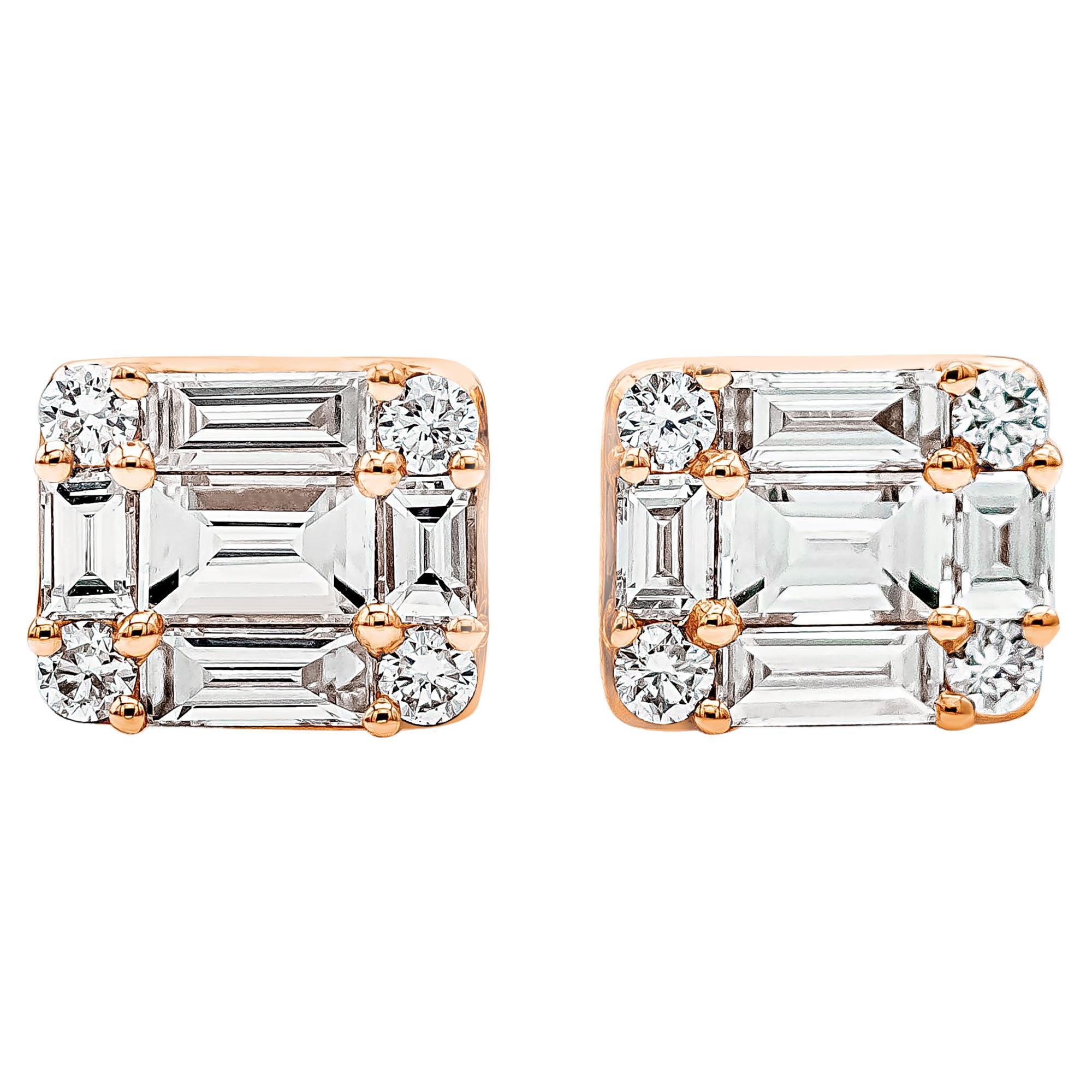 Roman Malakov 0.84 Carats Total Baguette and Round Cut Diamond Stud Earrings For Sale