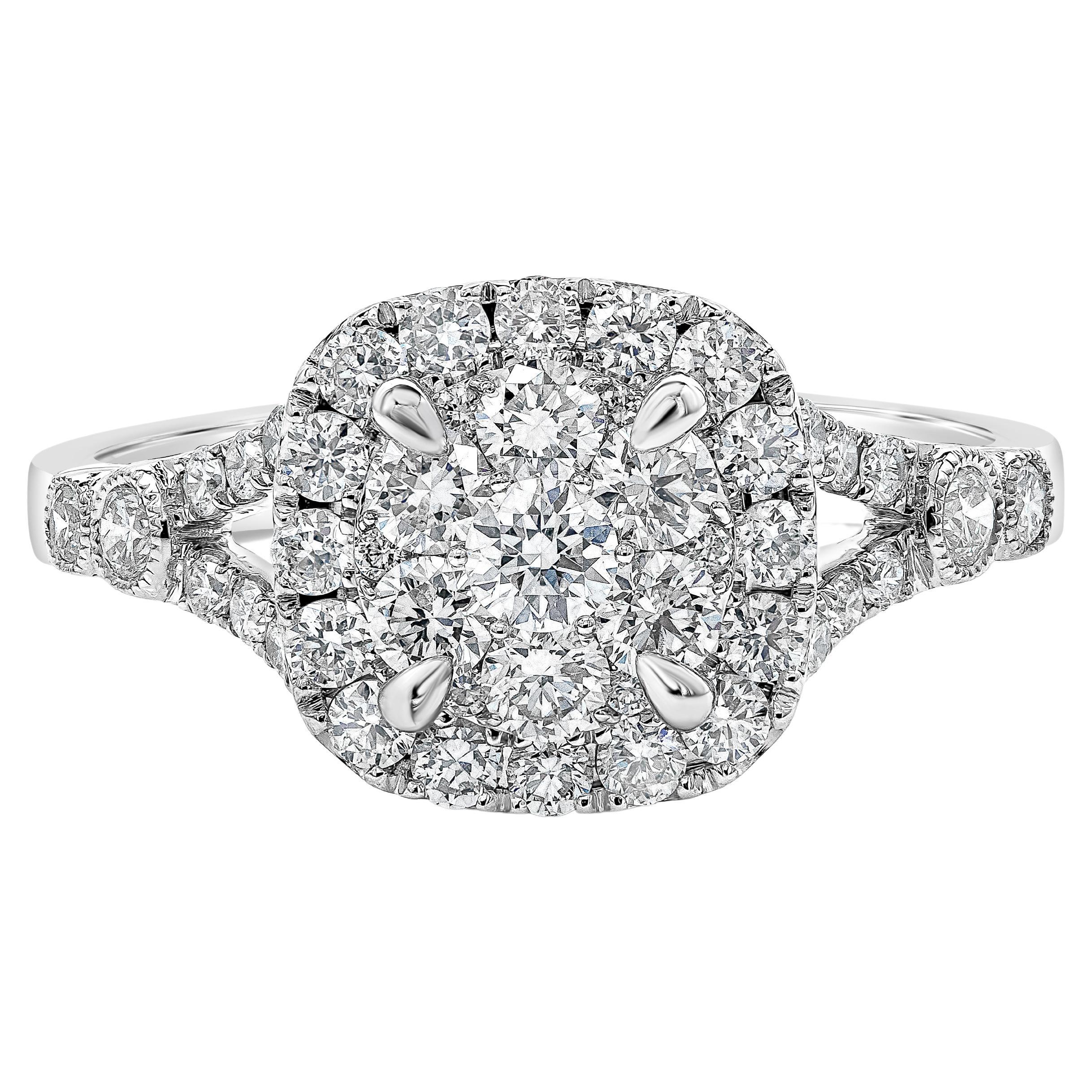 0.88 Carats Total Round Cluster Diamond Cushion Shape Halo Engagement Ring For Sale