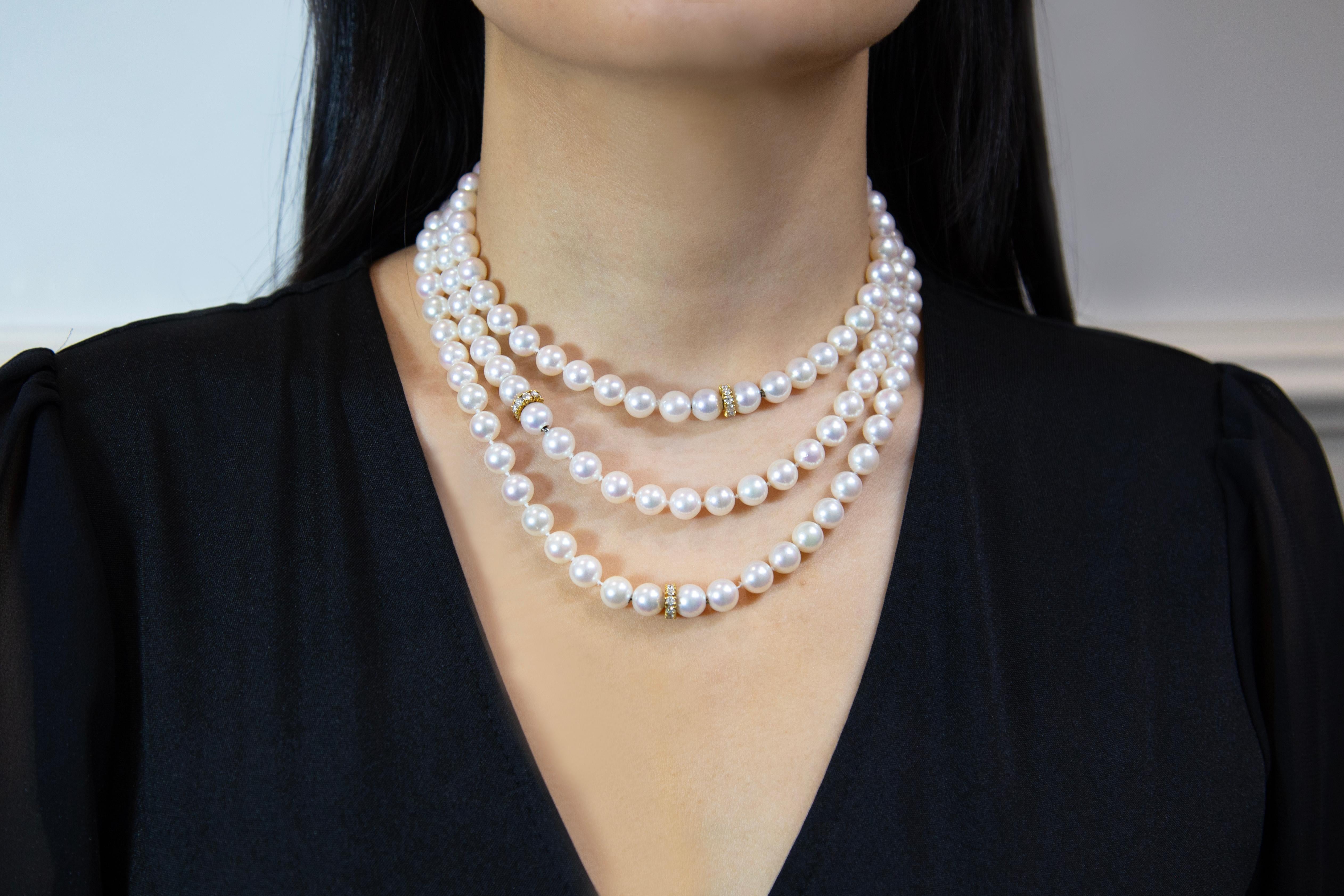Round Cut Roman Malakov 1 Carats Total Diamond & Pearl Collapsible Multi-Strand Necklace For Sale