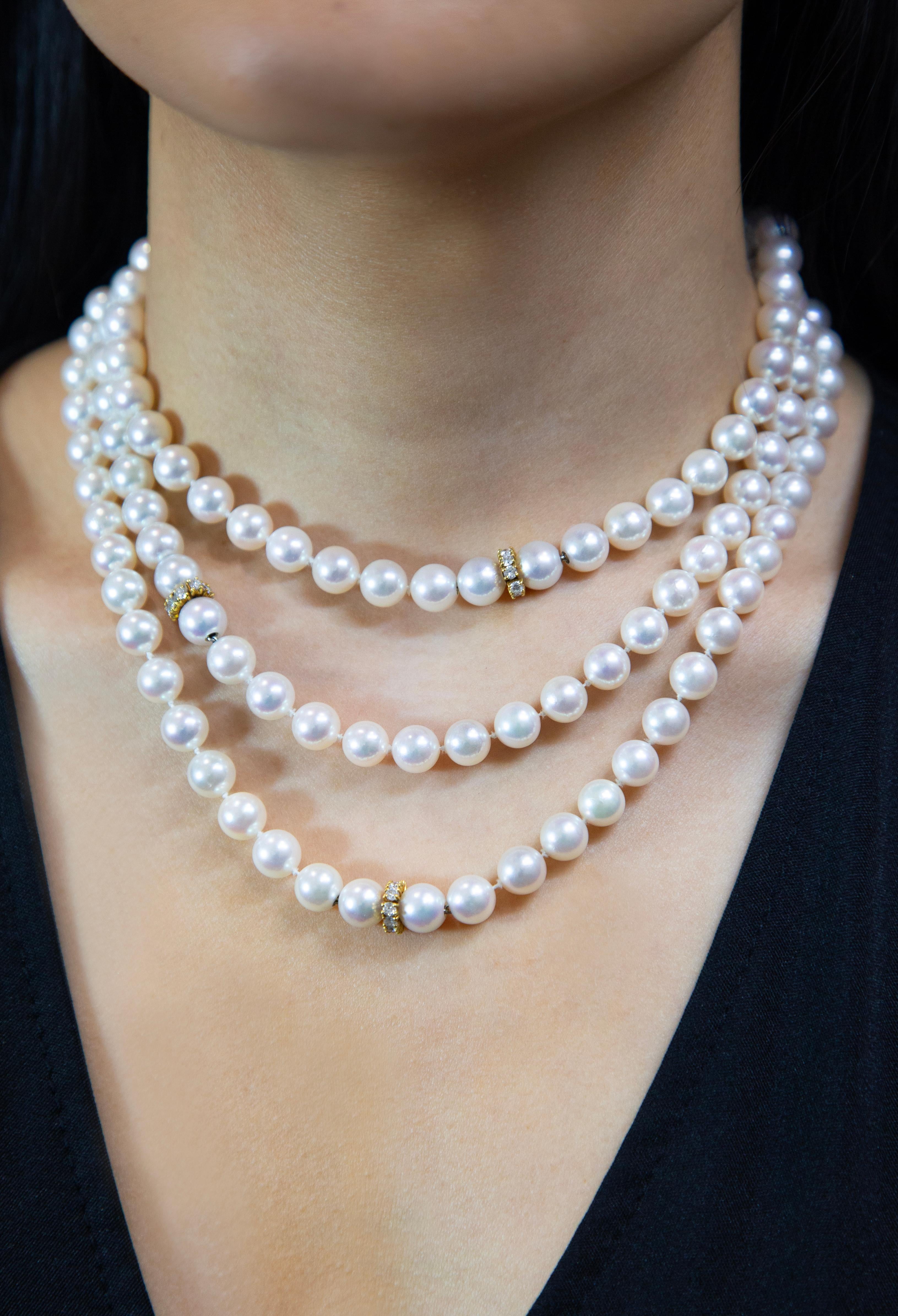 Round Cut Roman Malakov 1 Carats Total Diamond & Pearl Collapsible Multi-Strand Necklace For Sale