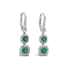 Roman Malakov 1.53 Carats Total Colombian Emerald Halo Dangle Earrings