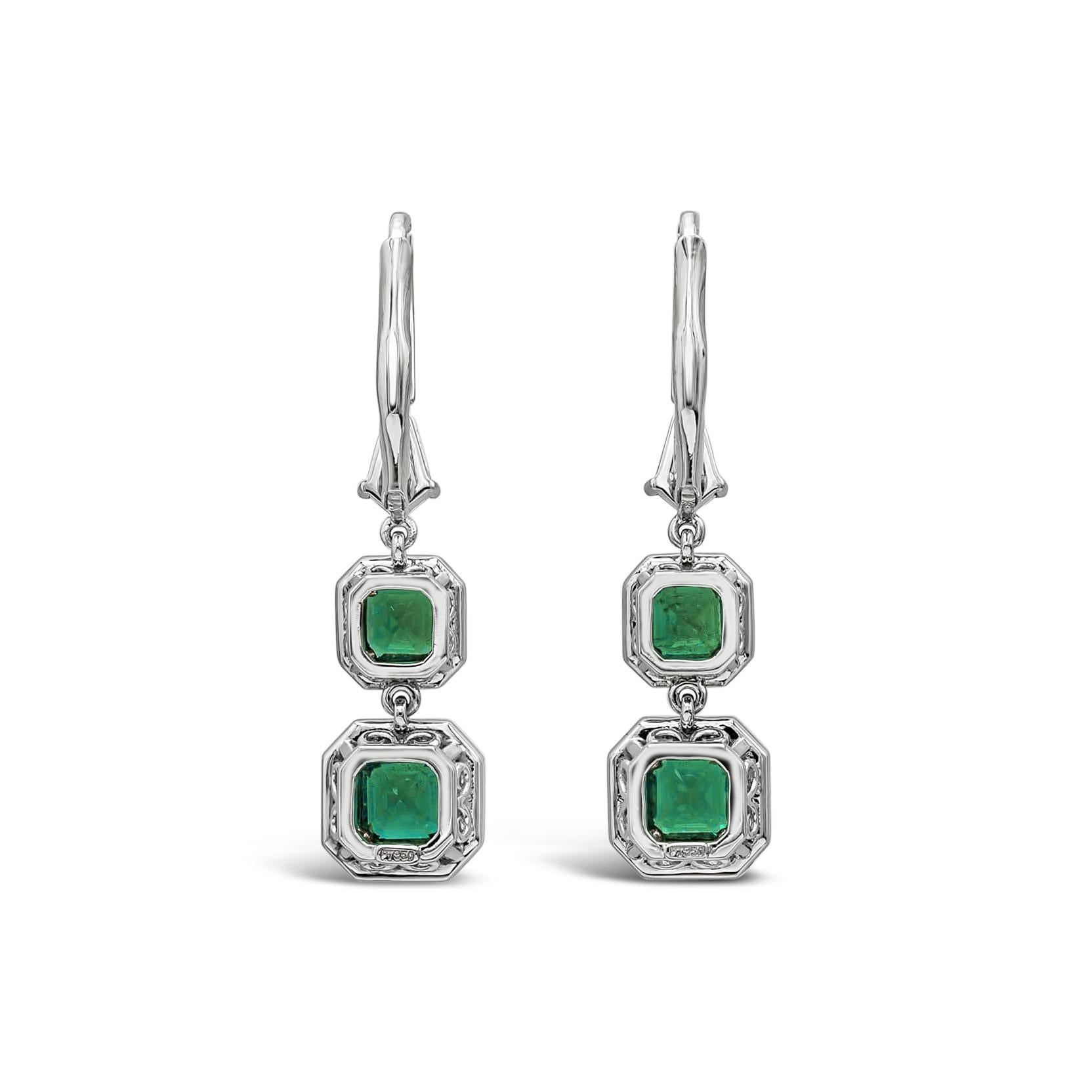 Contemporary Roman Malakov 1.53 Carats Total Colombian Emerald Halo Dangle Earrings  For Sale