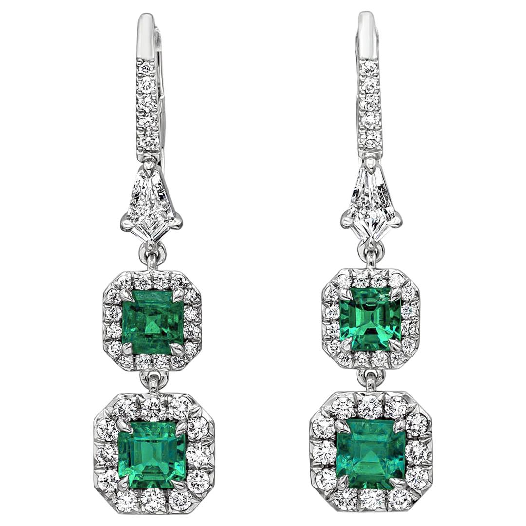 Roman Malakov 1.53 Carats Total Colombian Emerald Halo Dangle Earrings 