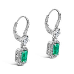 Roman Malakov 2.30 Carats Colombian Emerald and Diamond Halo Dangle Earrings