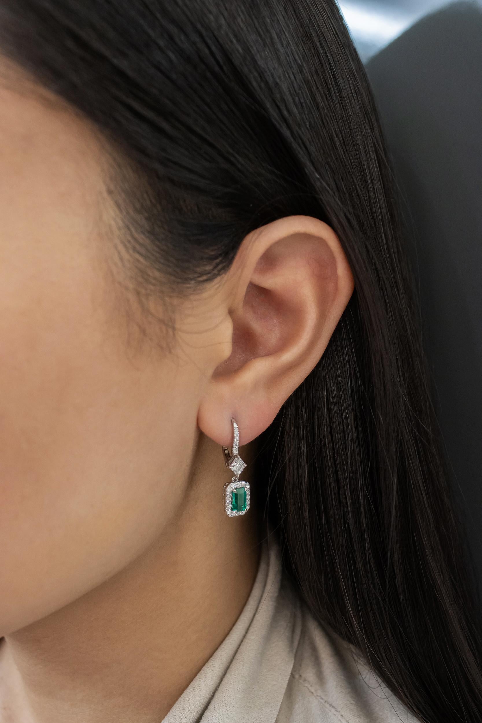 Contemporary Roman Malakov 2.30 Carats Colombian Emerald and Diamond Halo Dangle Earrings For Sale