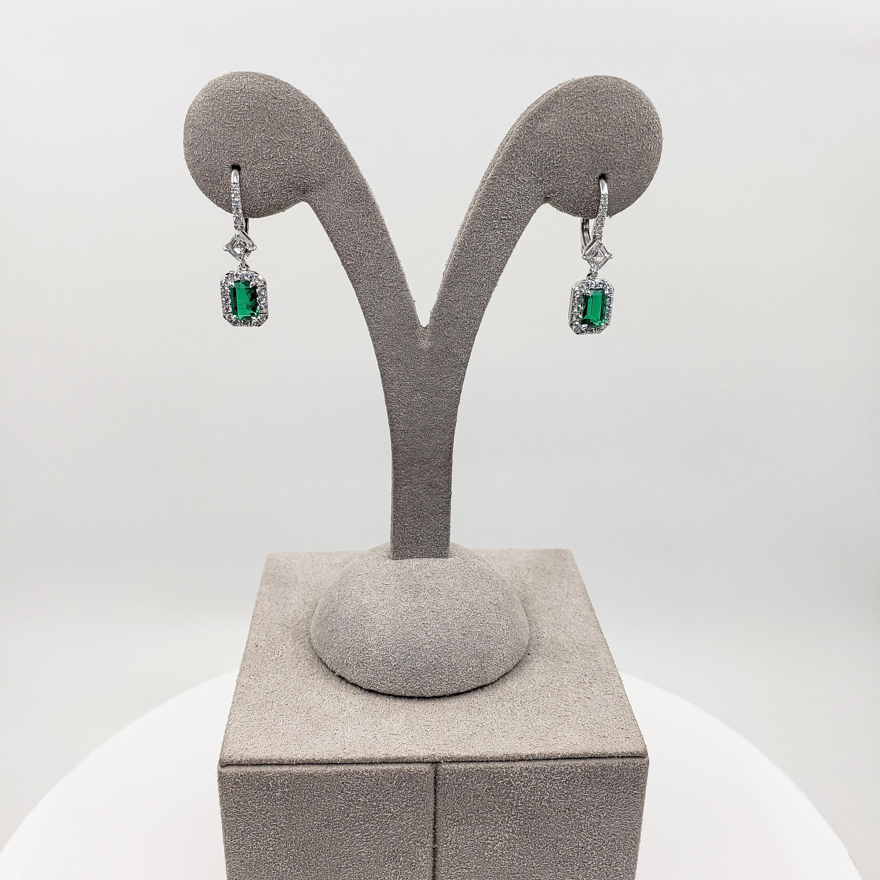 Emerald Cut Roman Malakov 2.30 Carats Colombian Emerald and Diamond Halo Dangle Earrings For Sale